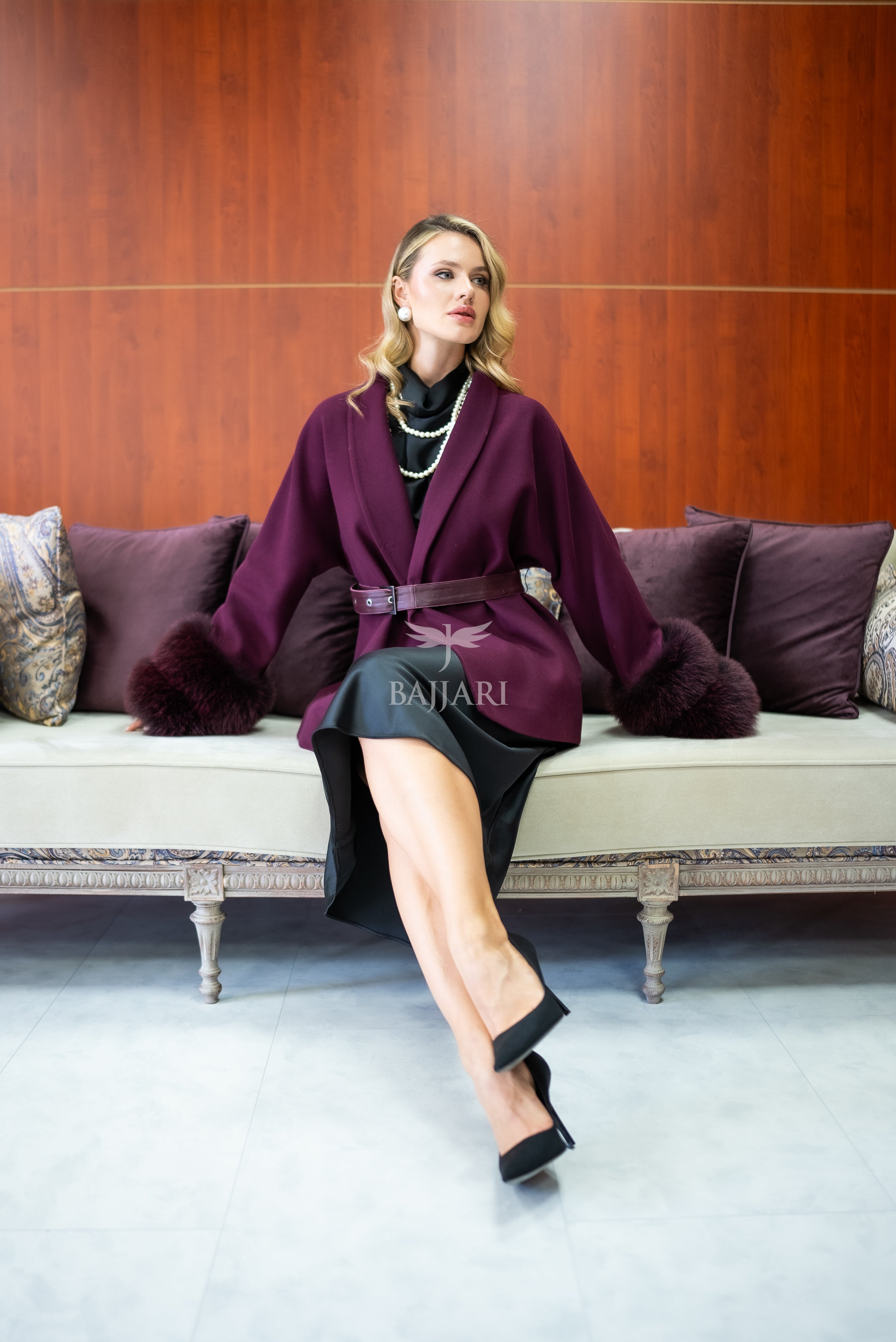 Women's Short Alpaca Wool Coat with Patchwork Fox Fur on the Sleeves -1214-