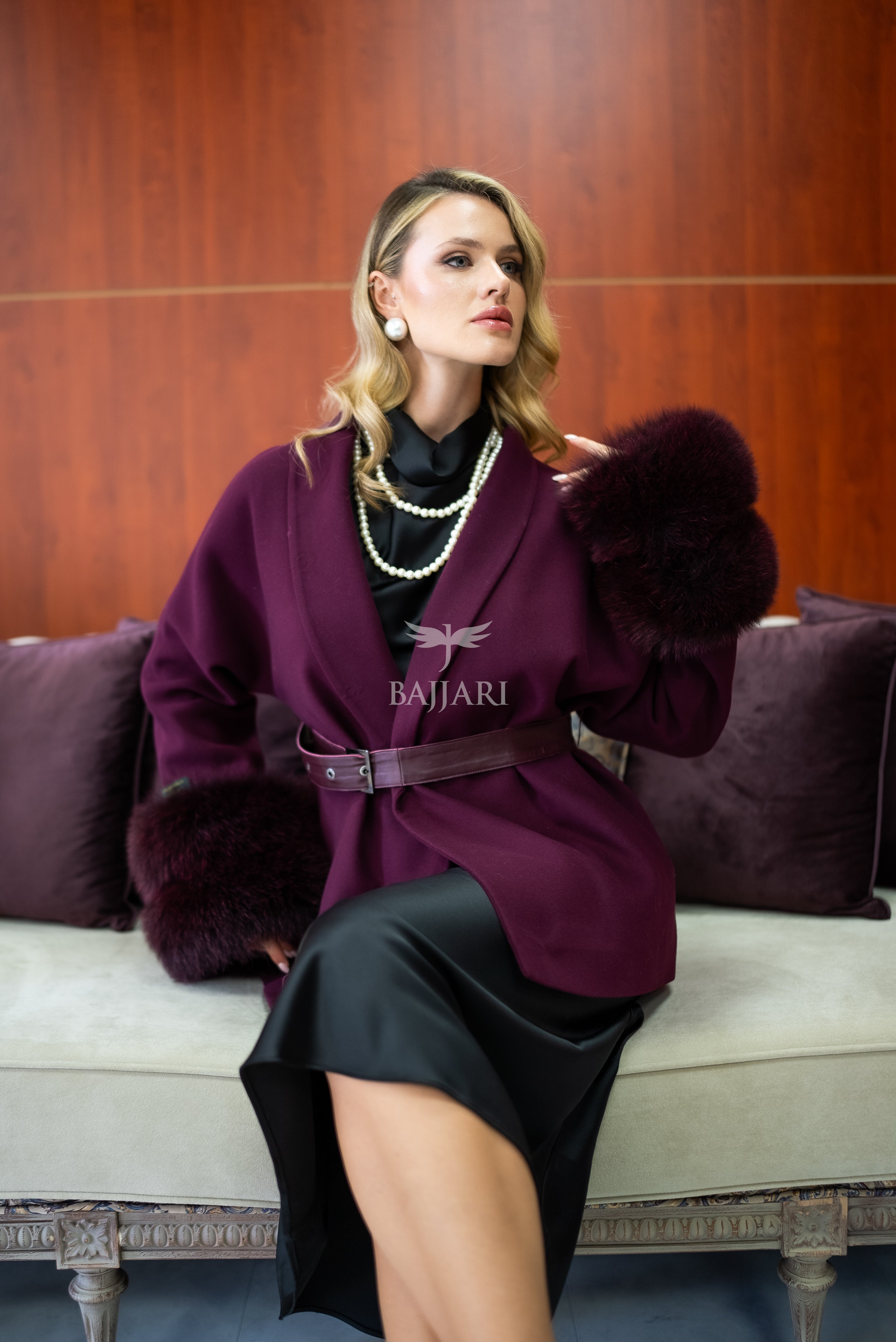 Women's Short Alpaca Wool Coat with Patchwork Fox Fur on the Sleeves -1214-