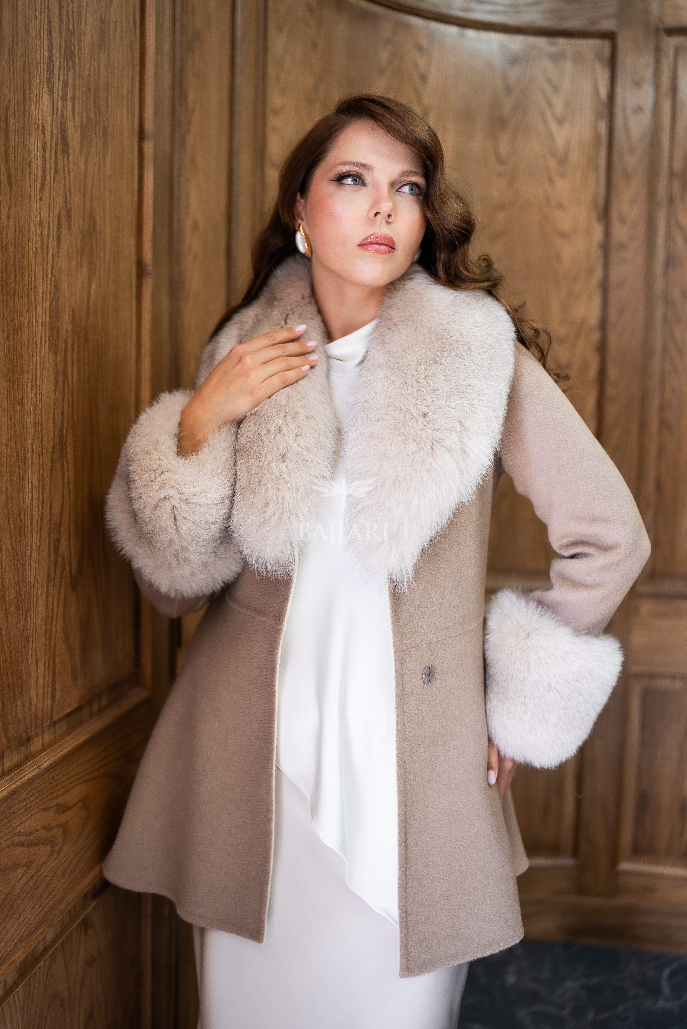 Alpaca Wool Fabric | Fox Fur Collar & Cuff Detail | Flared Cut -3895-
