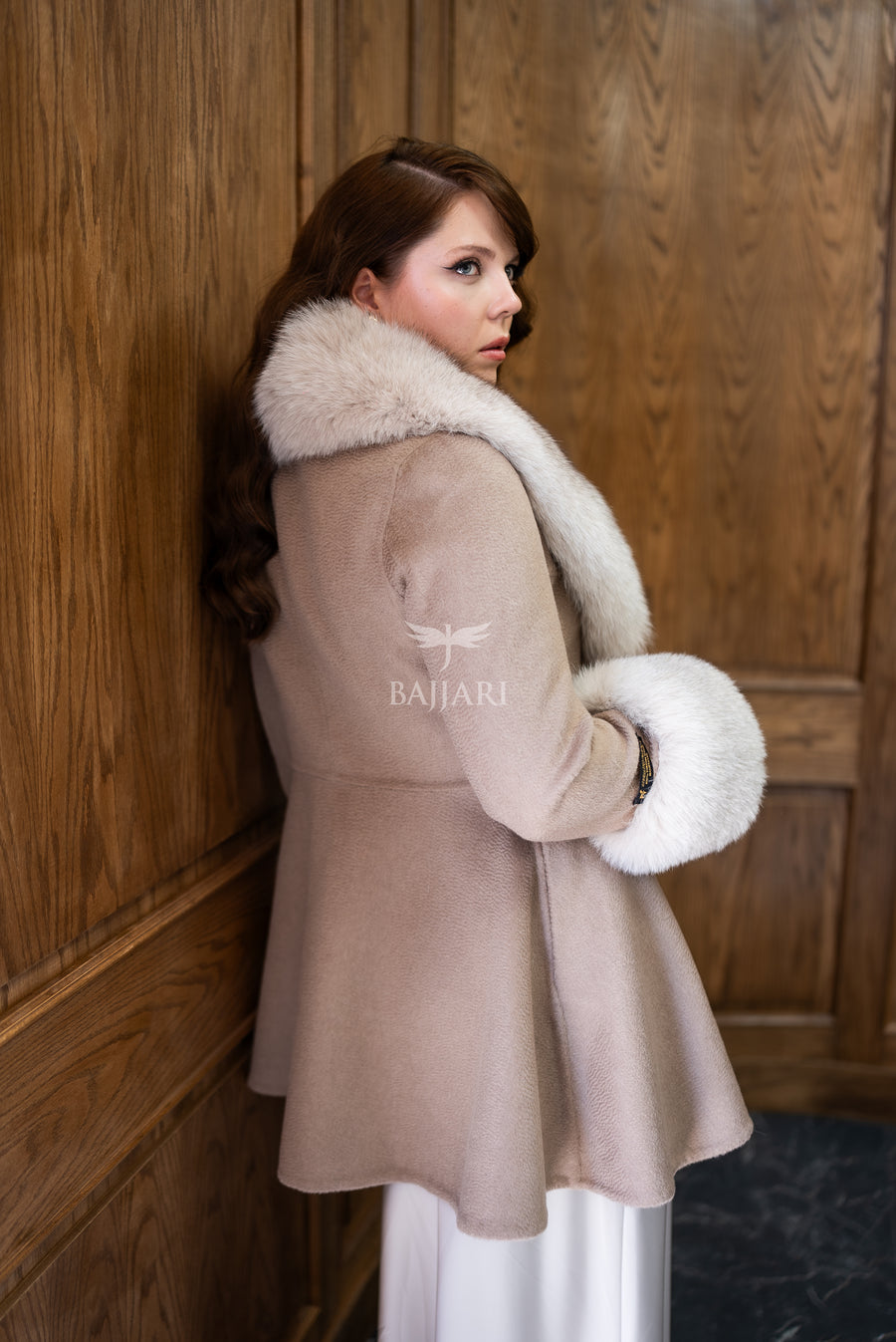 Alpaca Wool Fabric | Fox Fur Collar & Cuff Detail | Flared Cut -3895-