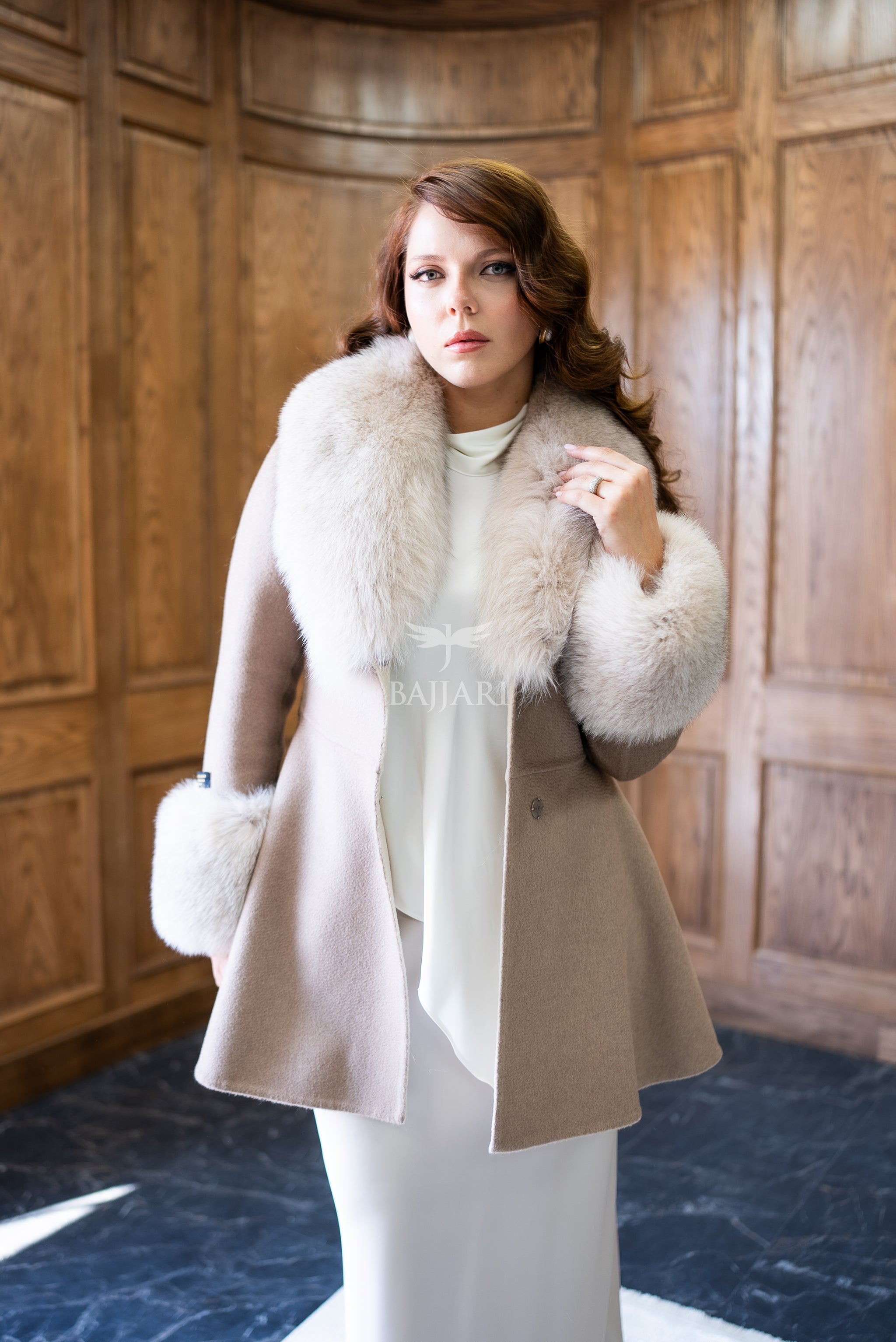 Alpaca Wool Fabric | Fox Fur Collar & Cuff Detail | Flared Cut -3895-