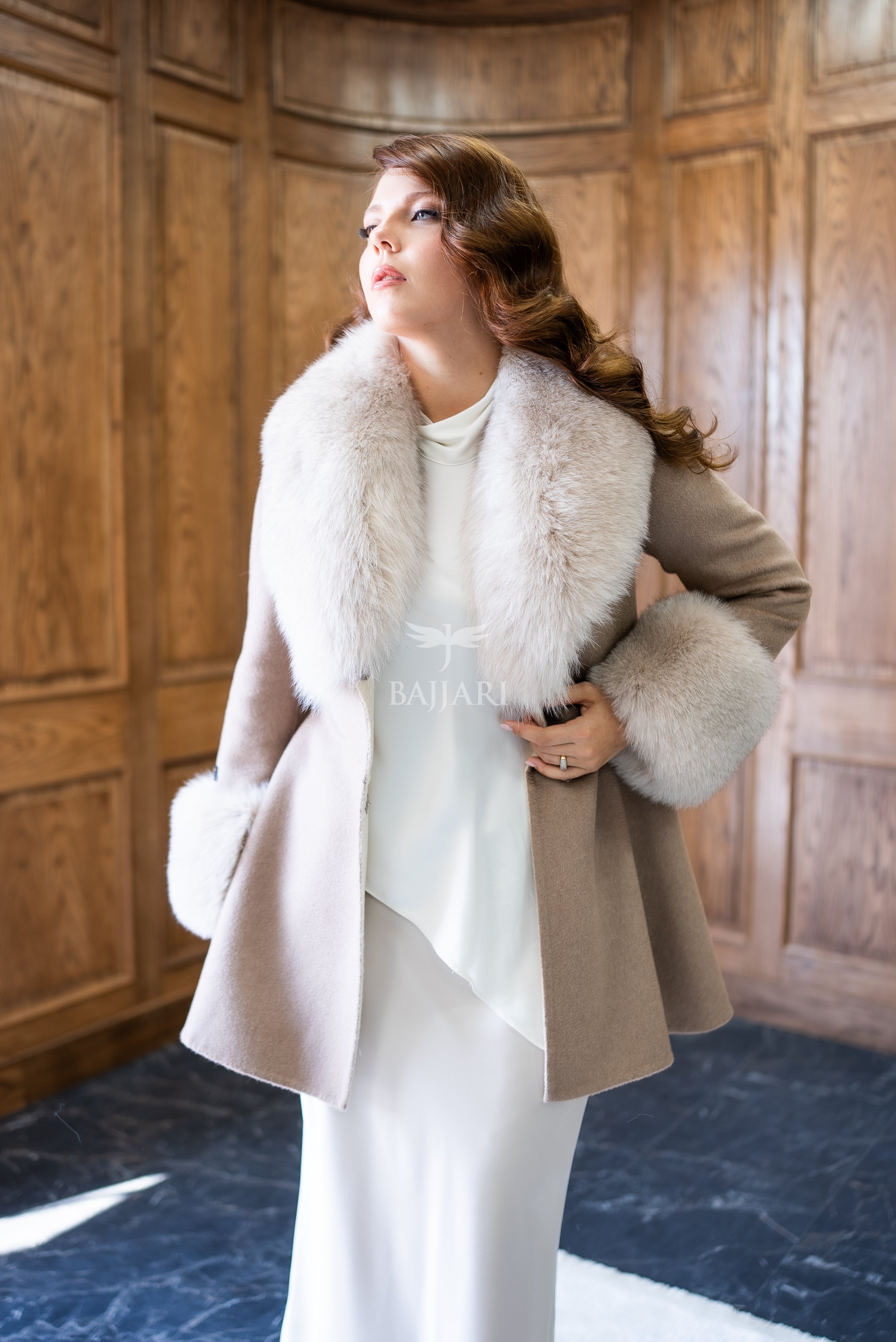 Alpaca Wool Fabric | Fox Fur Collar & Cuff Detail | Flared Cut -3895-