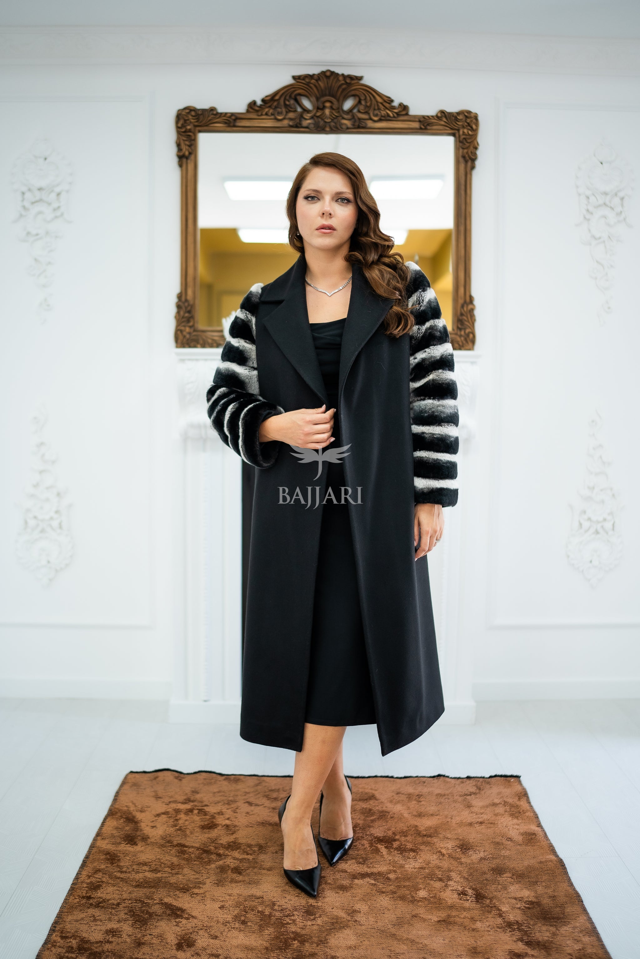 Luxury Alpaca Llama Fabric with Rabbit Fur - Stylish and Elegant Women's Coat with Real Rabbit Fur Trim on the Sleeves -1326-