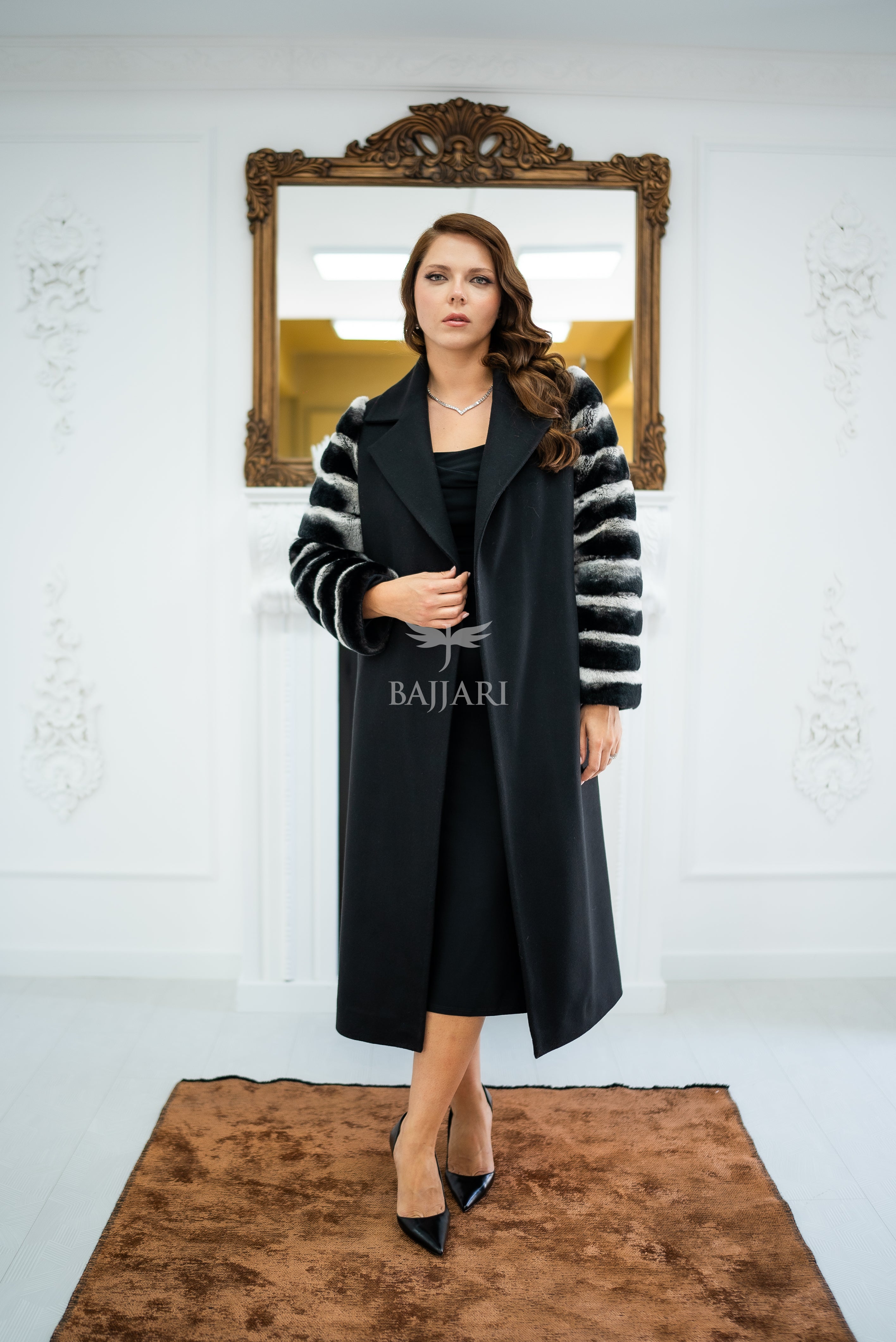 Luxury Alpaca Llama Fabric with Rabbit Fur - Stylish and Elegant Women's Coat with Real Rabbit Fur Trim on the Sleeves -1326-