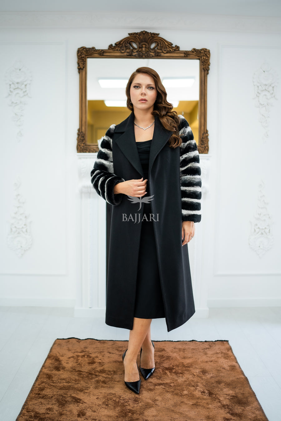 Luxury Alpaca Llama Fabric with Rabbit Fur - Stylish and Elegant Women's Coat with Real Rabbit Fur Trim on the Sleeves -1326-