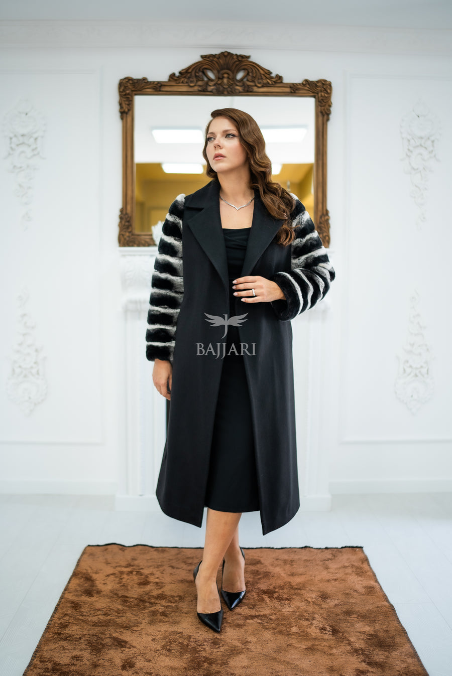Luxury Alpaca Llama Fabric with Rabbit Fur - Stylish and Elegant Women's Coat with Real Rabbit Fur Trim on the Sleeves -1326-