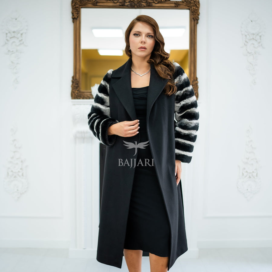 Luxury Alpaca Llama Fabric with Rabbit Fur - Stylish and Elegant Women's Coat with Real Rabbit Fur Trim on the Sleeves -1326-