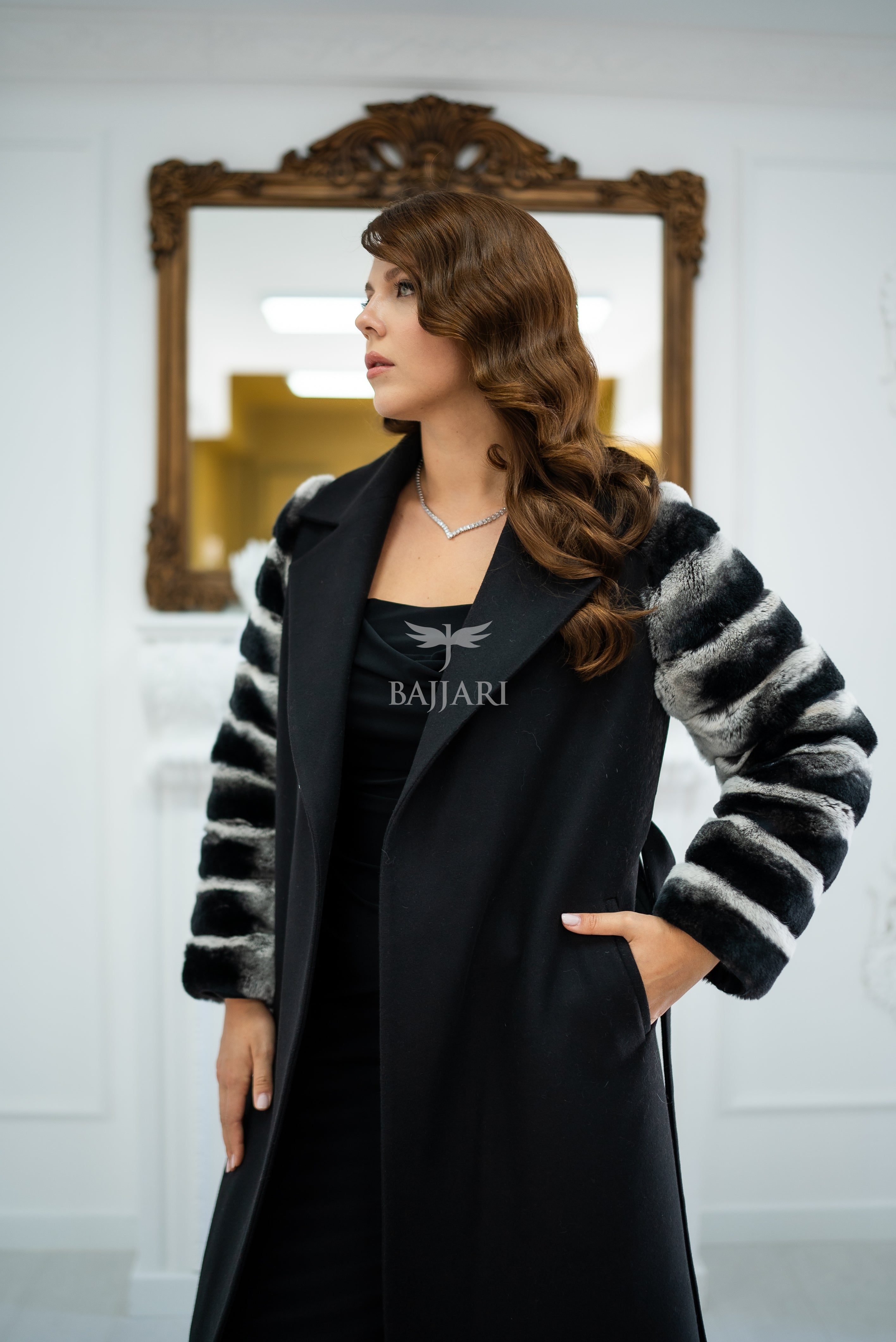 Luxury Alpaca Llama Fabric with Rabbit Fur - Stylish and Elegant Women's Coat with Real Rabbit Fur Trim on the Sleeves -1326-