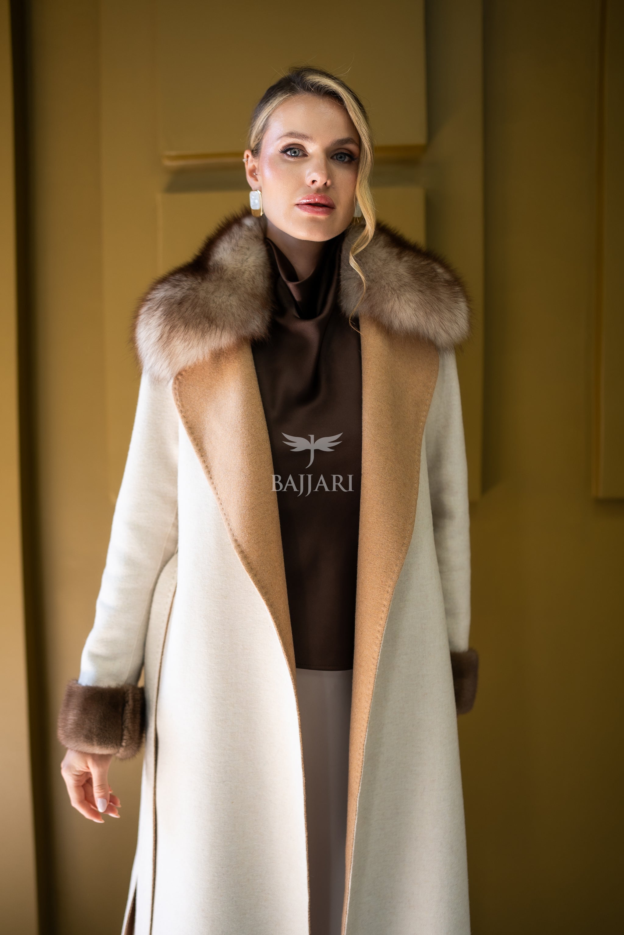 Alpaca Wool Fabric | Fox Fur Collar, Mink Fur Sleeve Cuff Detail | Slit Skirt Cut -9587-