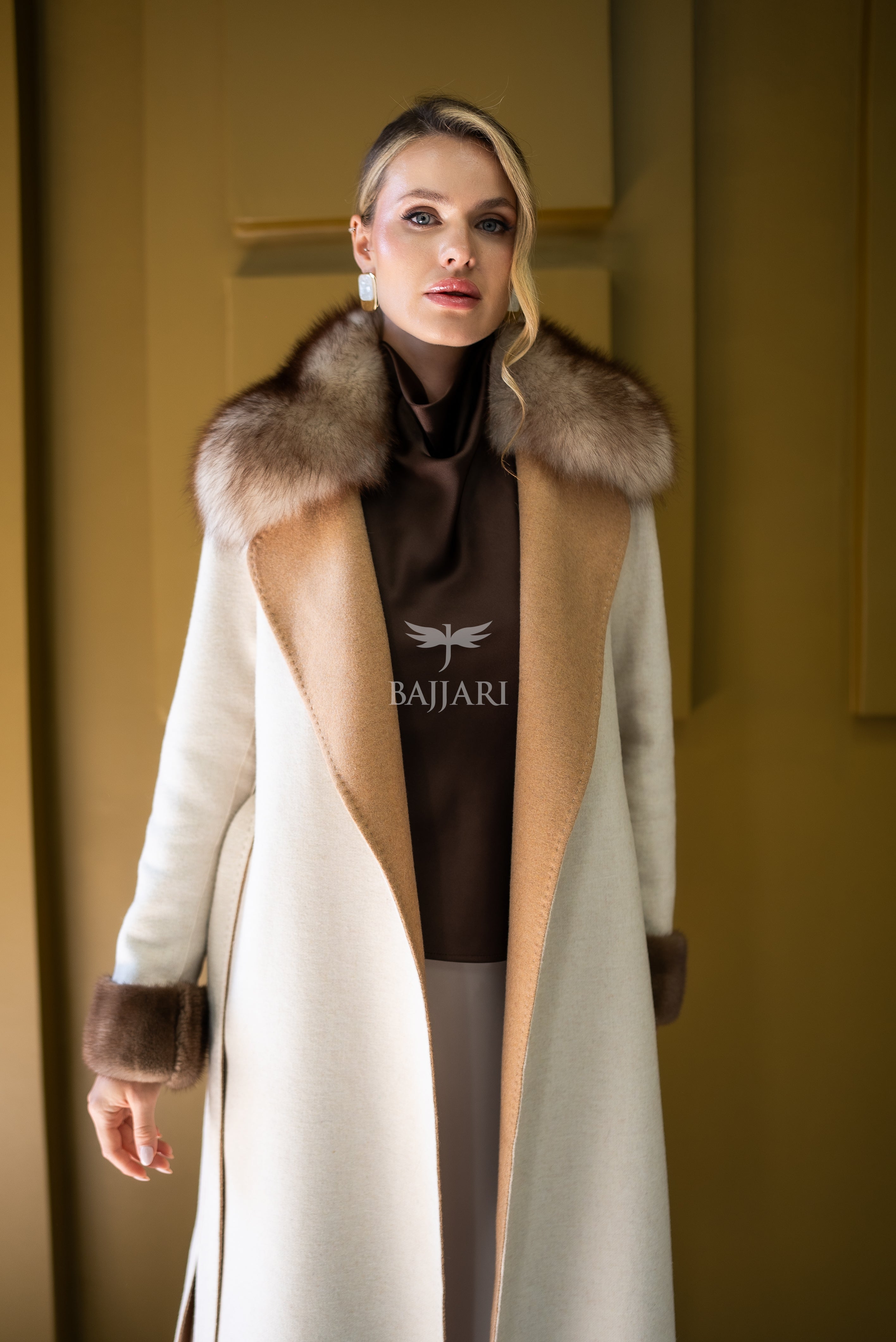 Alpaca Wool Fabric | Fox Fur Collar, Mink Fur Sleeve Cuff Detail | Slit Skirt Cut -9587-