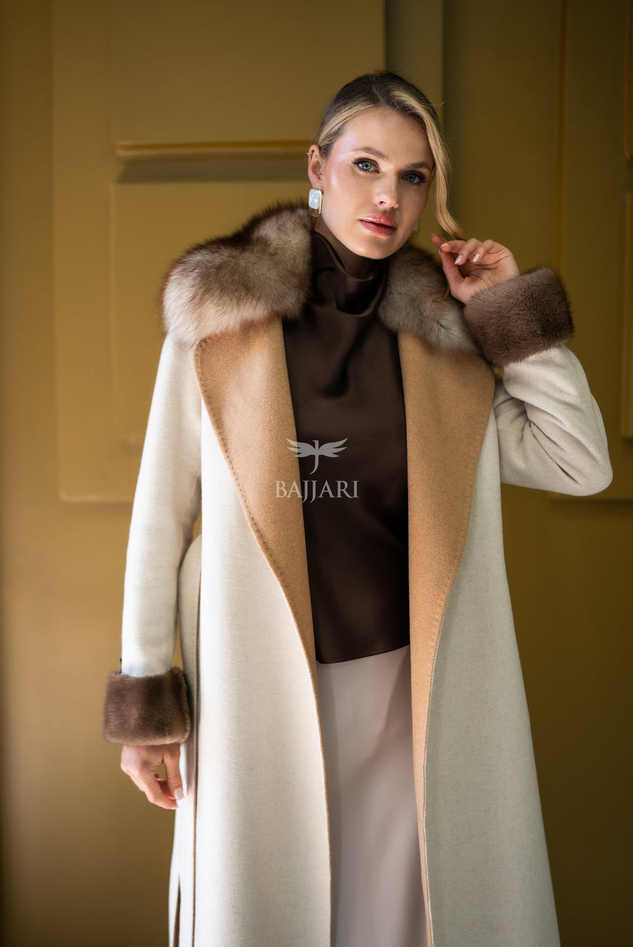 Alpaca Wool Fabric | Fox Fur Collar, Mink Fur Sleeve Cuff Detail | Slit Skirt Cut -9587-