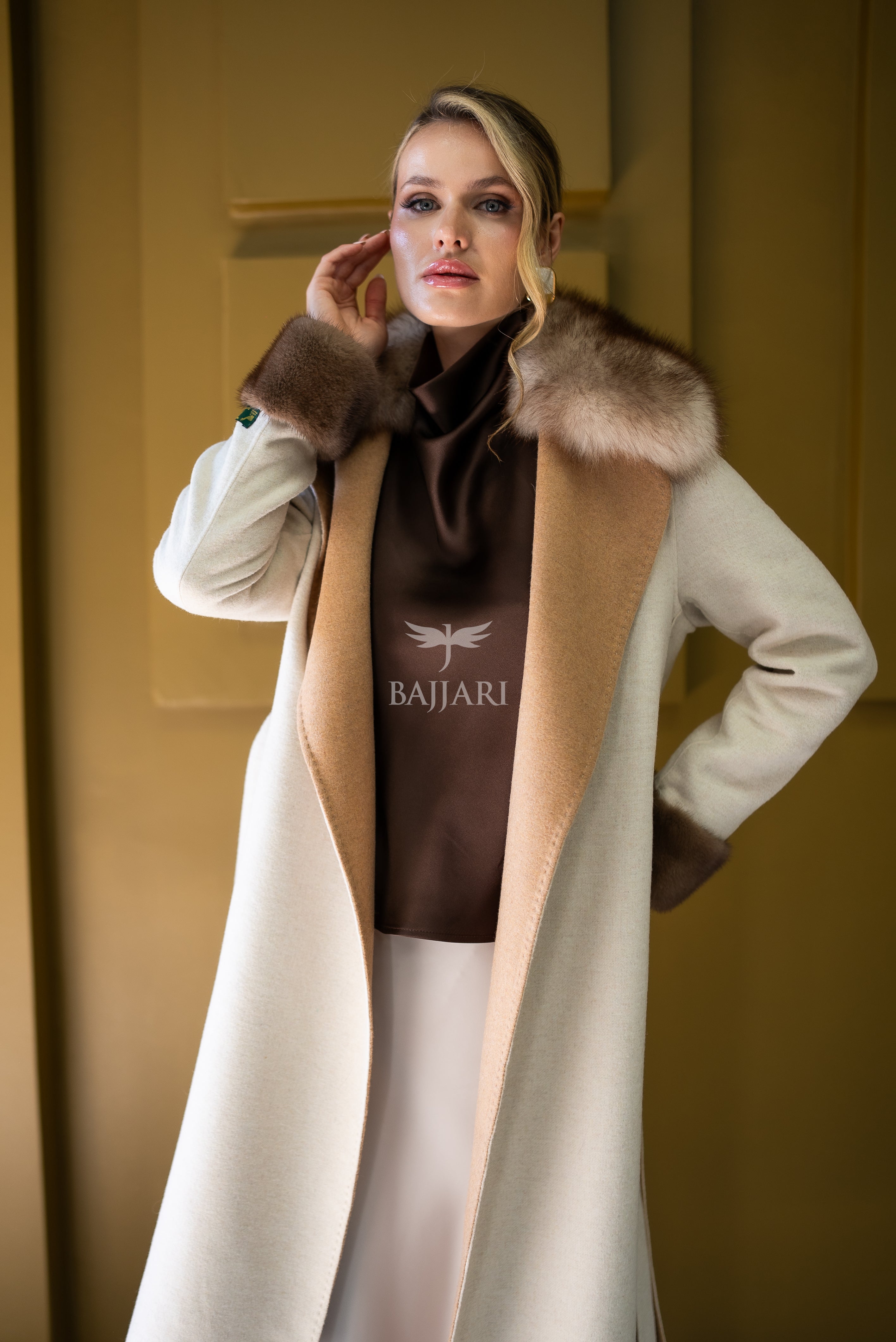 Alpaca Wool Fabric | Fox Fur Collar, Mink Fur Sleeve Cuff Detail | Slit Skirt Cut -9587-