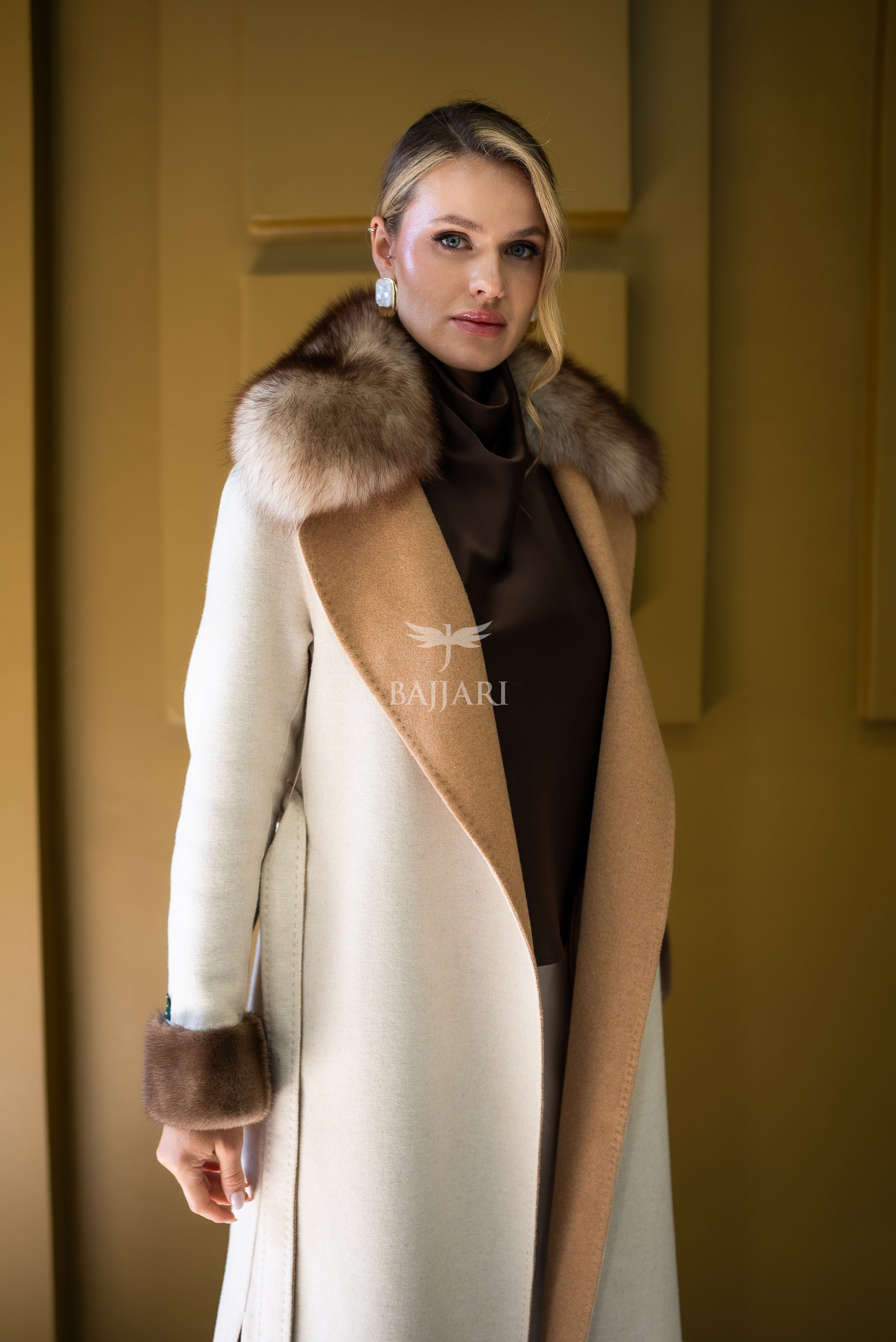 Alpaca Wool Fabric | Fox Fur Collar, Mink Fur Sleeve Cuff Detail | Slit Skirt Cut -9587-