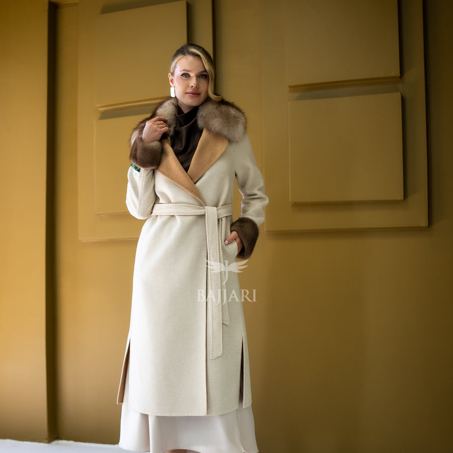 Alpaca Wool Fabric | Fox Fur Collar, Mink Fur Sleeve Cuff Detail | Slit Skirt Cut -9587-