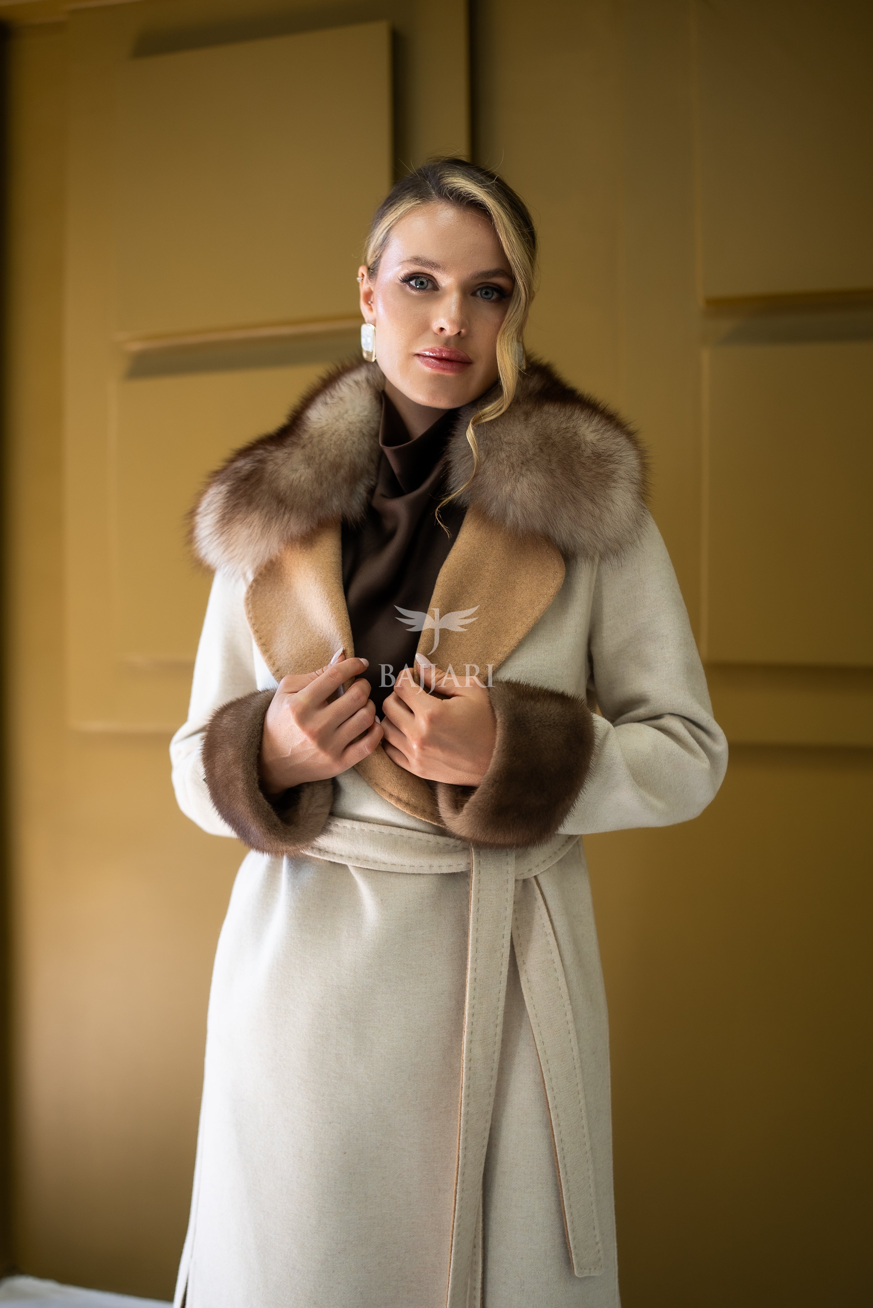 Alpaca Wool Fabric | Fox Fur Collar, Mink Fur Sleeve Cuff Detail | Slit Skirt Cut -9587-