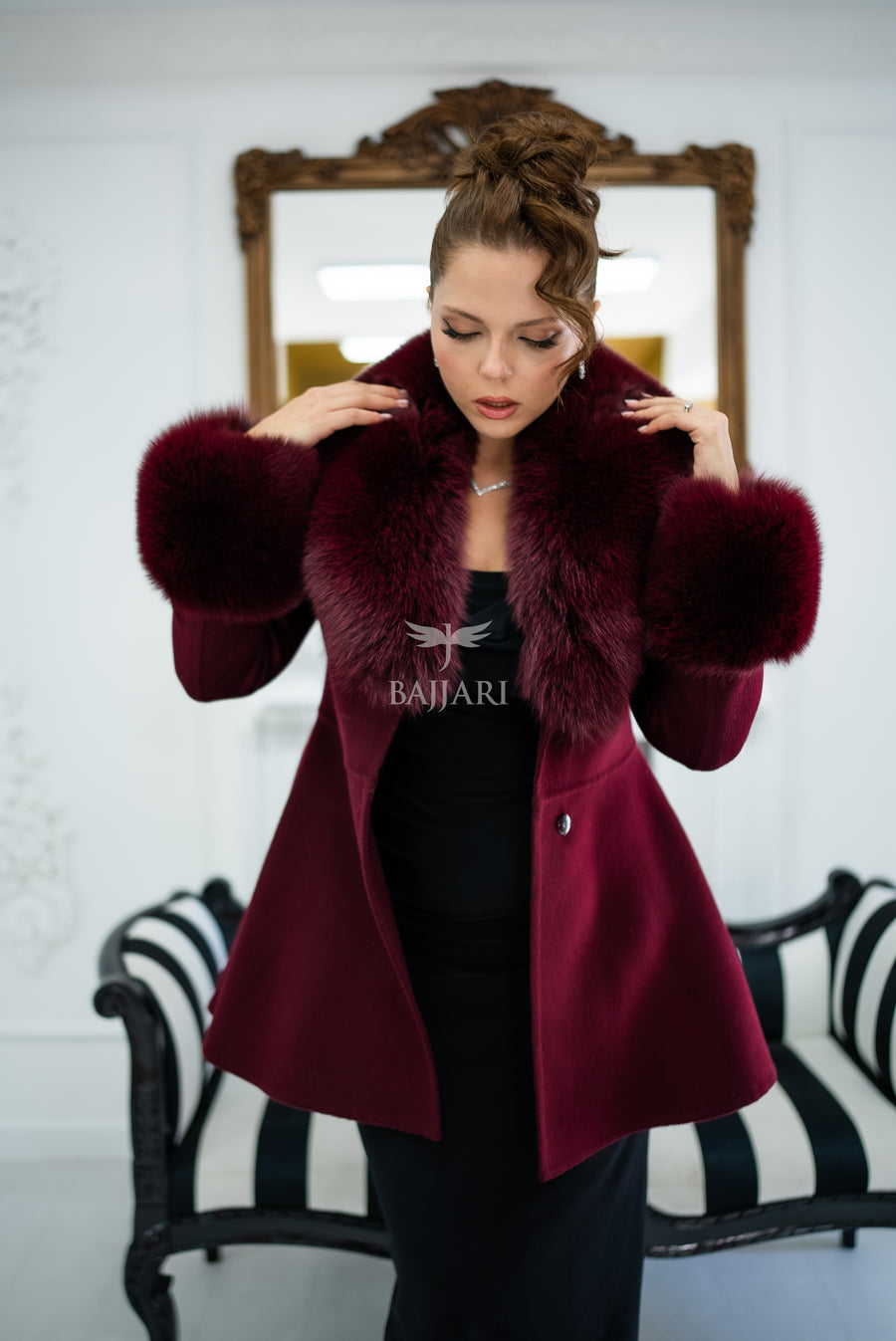 Alpaca Wool Fabric | Fox Fur Collar & Cuff Detail | Flared Cut -3895-
