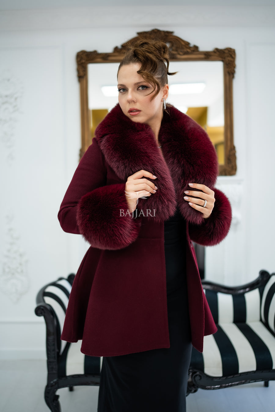Alpaca Wool Fabric | Fox Fur Collar & Cuff Detail | Flared Cut -3895-
