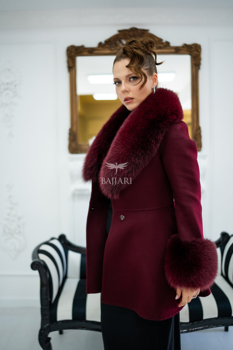 Alpaca Wool Fabric | Fox Fur Collar & Cuff Detail | Flared Cut -3895-