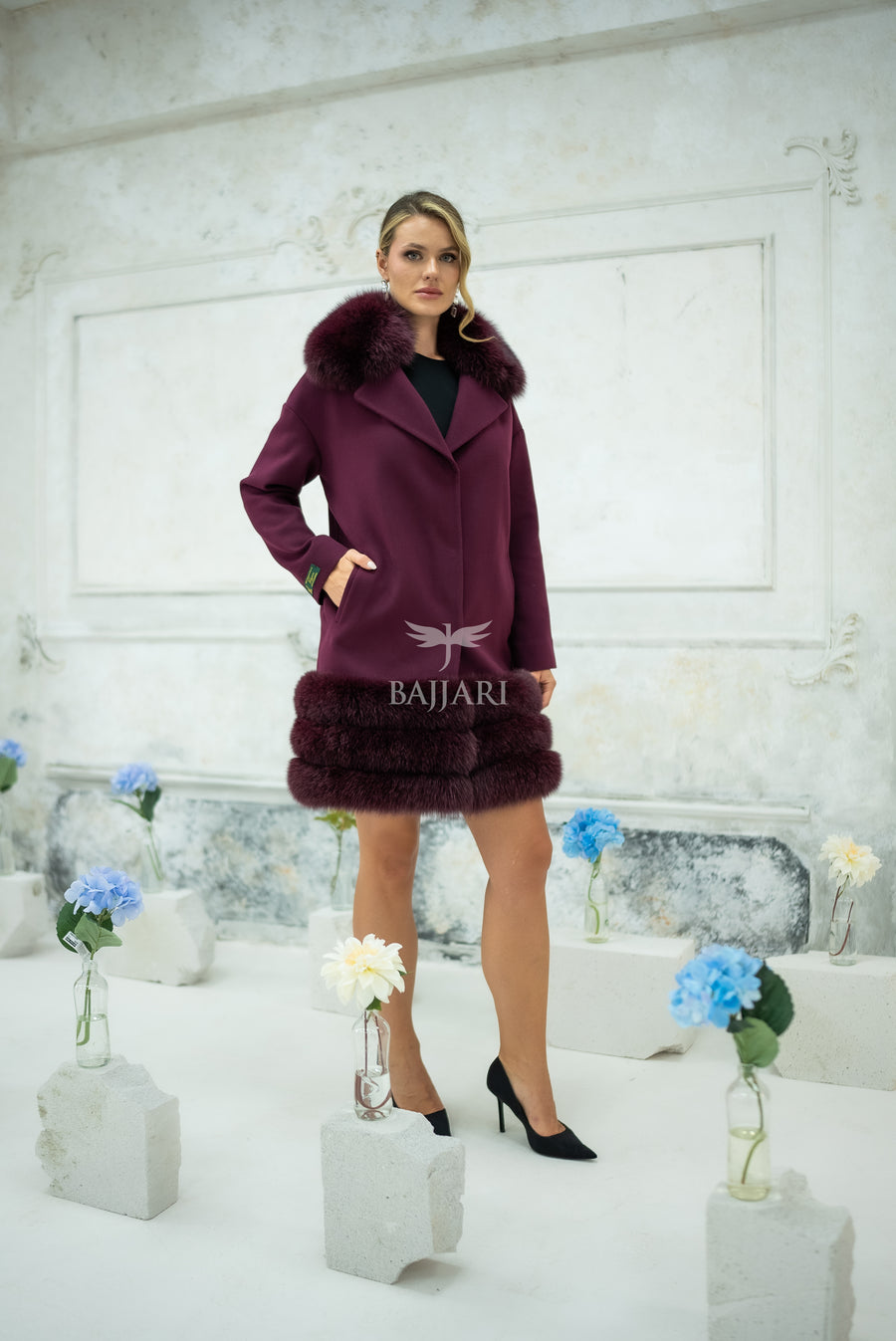 Stylish Design with Alpaca Llama Wool, Fox Fur Collar and Skirt Details, Removable Collar -1417-