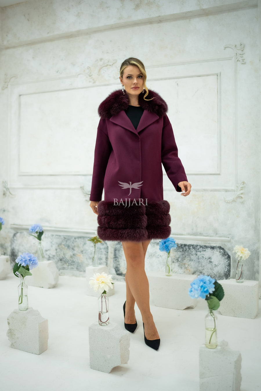 Stylish Design with Alpaca Llama Wool, Fox Fur Collar and Skirt Details, Removable Collar -1417-