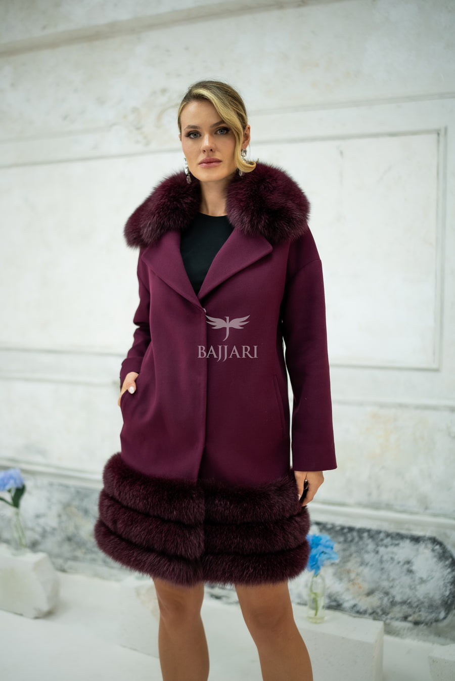 Stylish Design with Alpaca Llama Wool, Fox Fur Collar and Skirt Details, Removable Collar -1417-