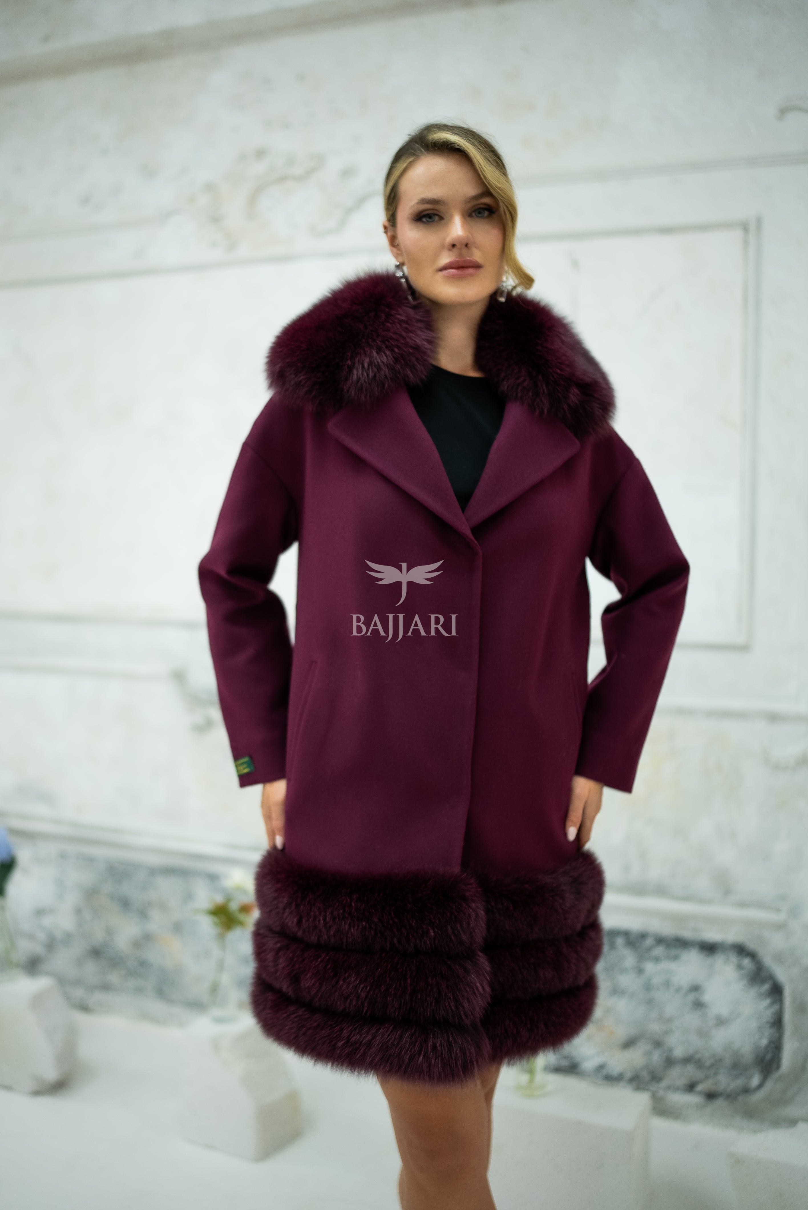 Stylish Design with Alpaca Llama Wool, Fox Fur Collar and Skirt Details, Removable Collar -1417-