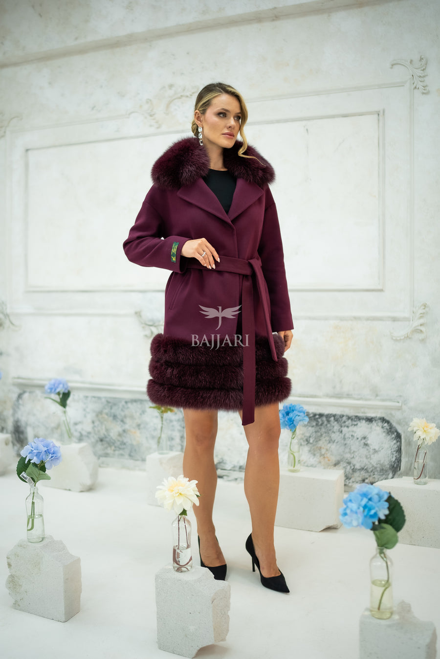 Stylish Design with Alpaca Llama Wool, Fox Fur Collar and Skirt Details, Removable Collar -1417-
