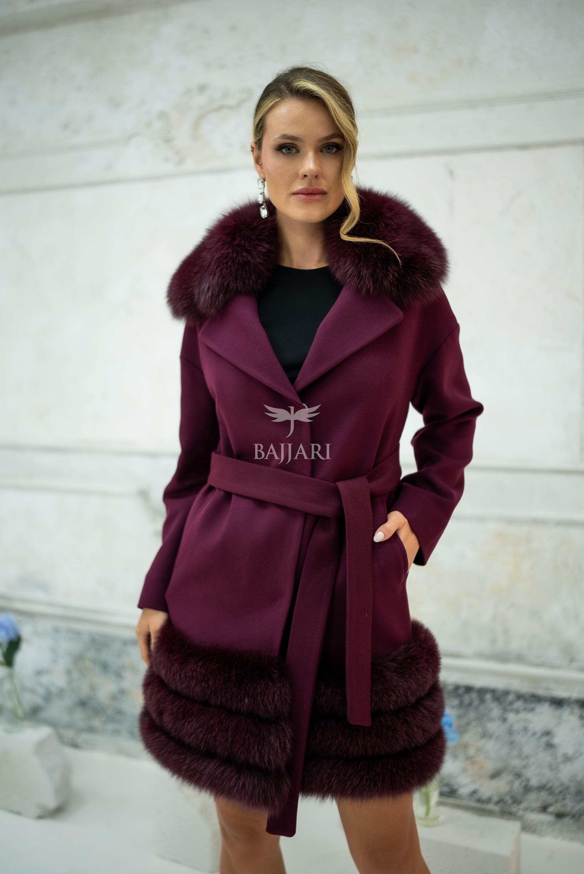 Stylish Design with Alpaca Llama Wool, Fox Fur Collar and Skirt Details, Removable Collar -1417-