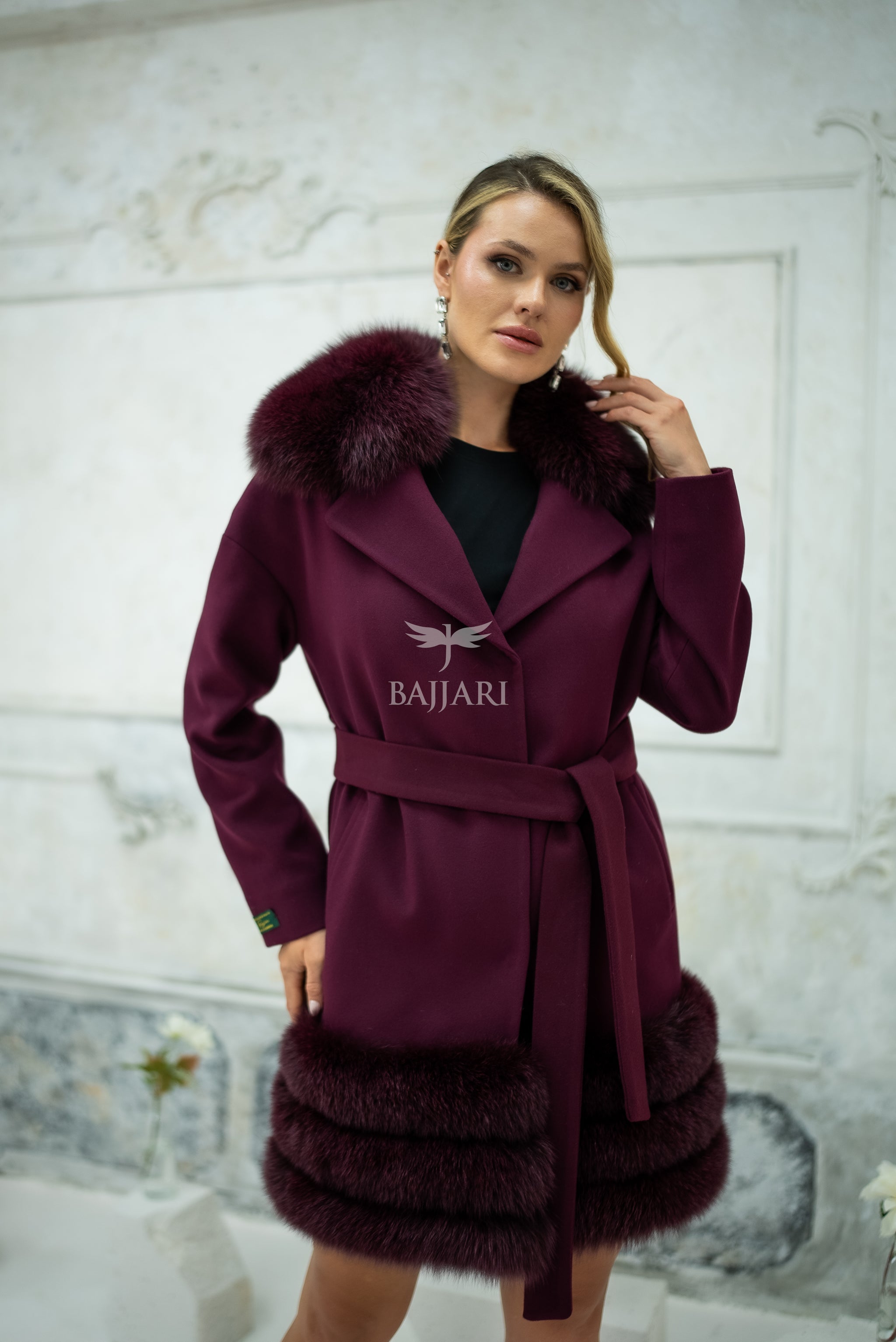 Stylish Design with Alpaca Llama Wool, Fox Fur Collar and Skirt Details, Removable Collar -1417-