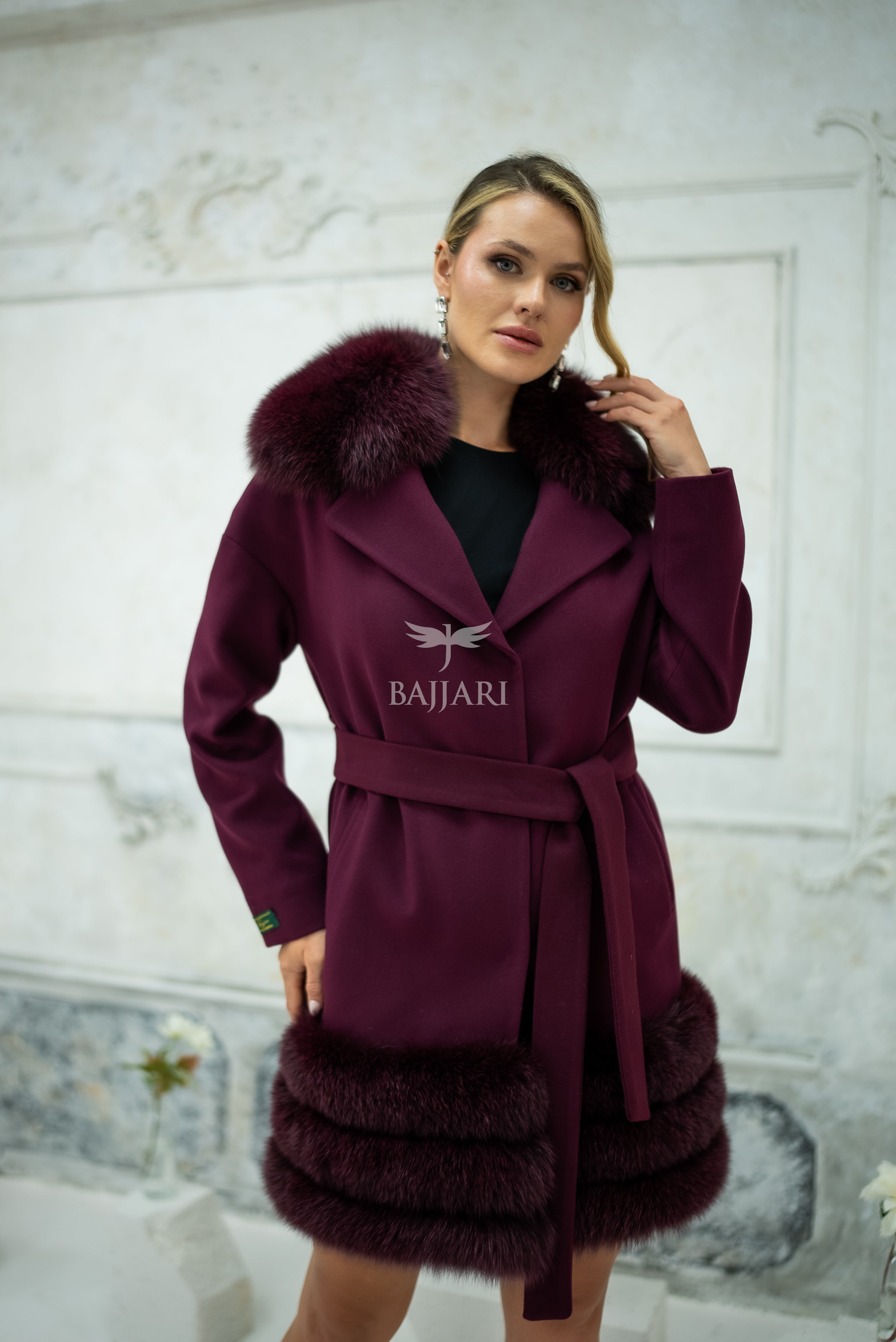Stylish Design with Alpaca Llama Wool, Fox Fur Collar and Skirt Details, Removable Collar -1417-