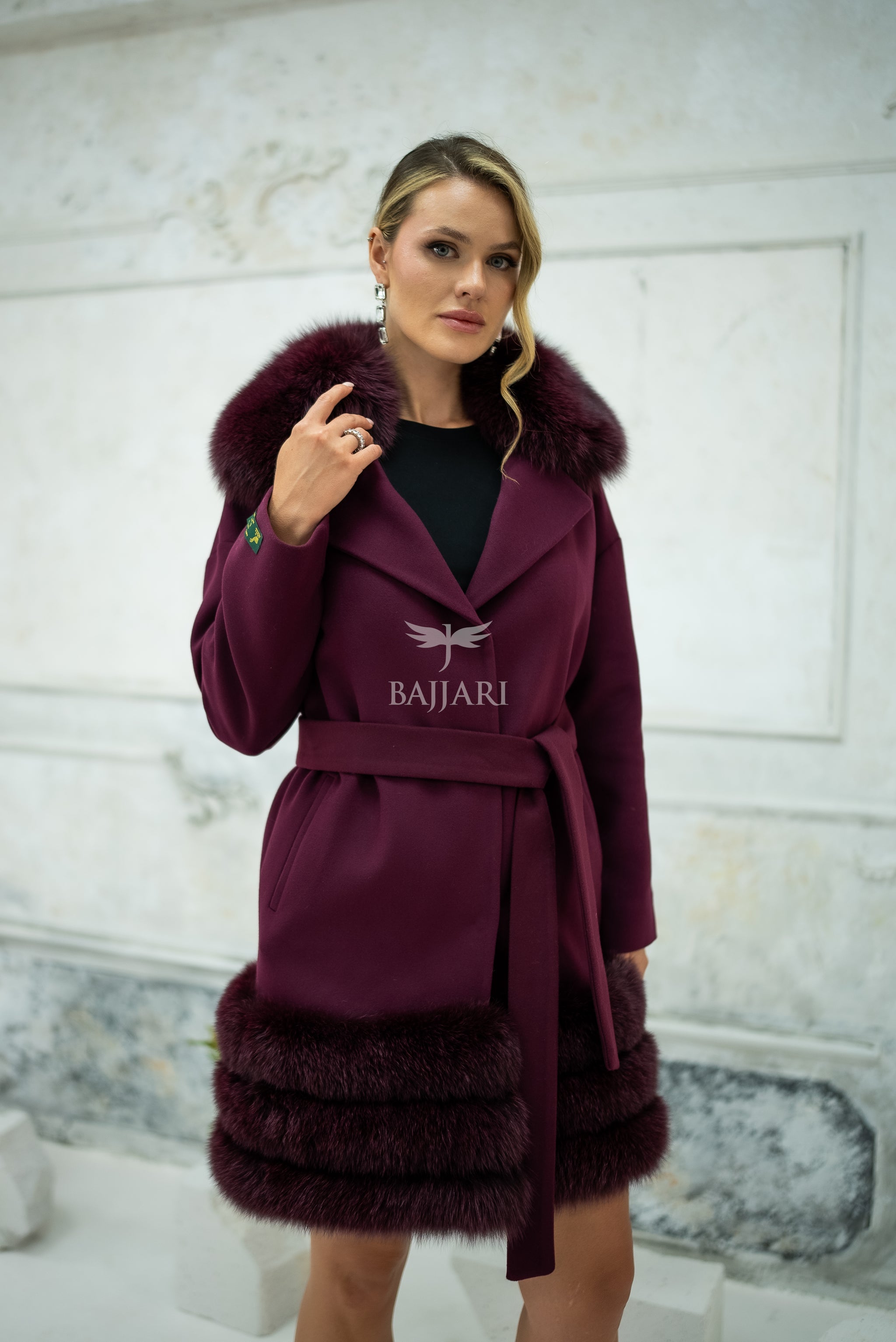 Stylish Design with Alpaca Llama Wool, Fox Fur Collar and Skirt Details, Removable Collar -1417-