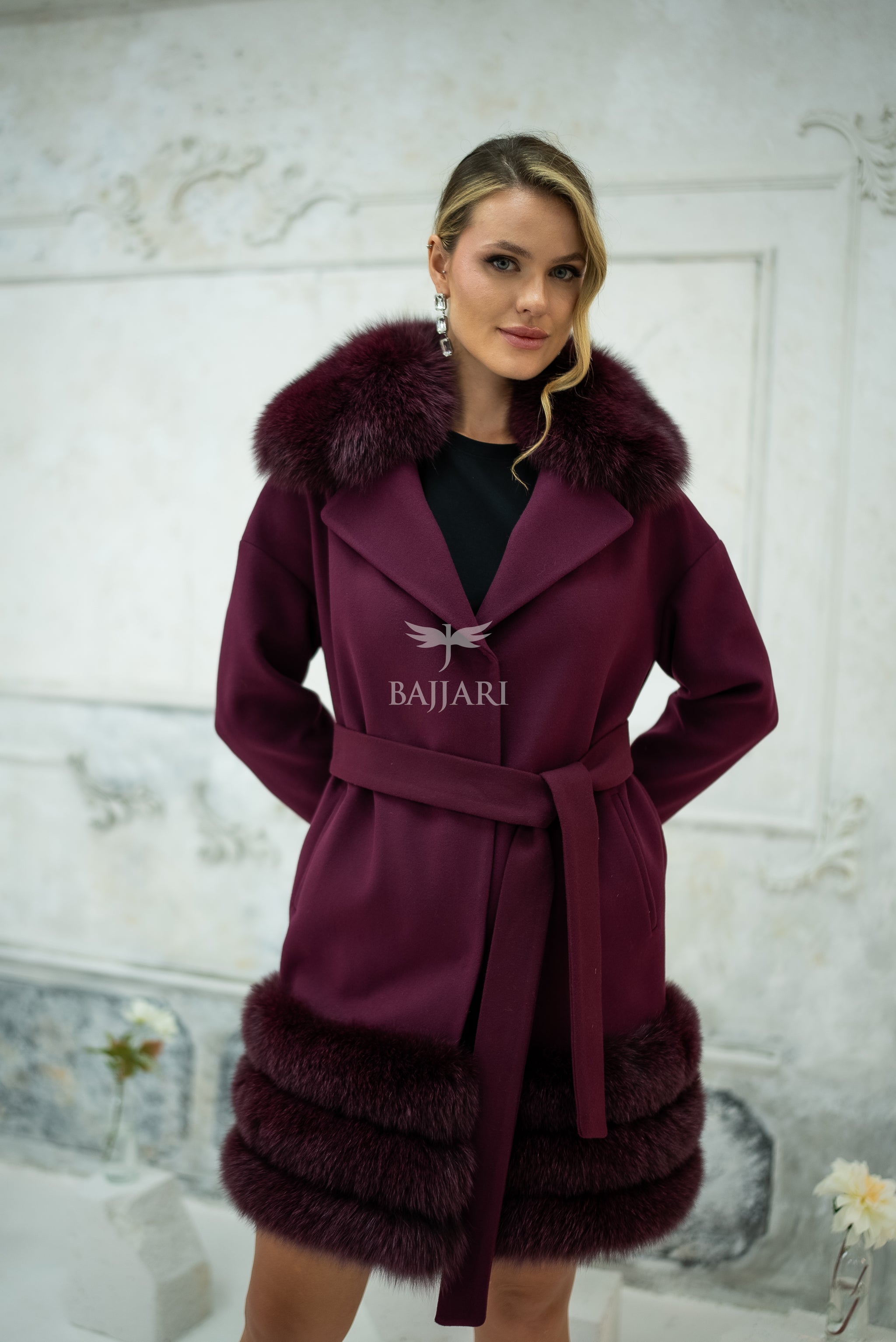 Stylish Design with Alpaca Llama Wool, Fox Fur Collar and Skirt Details, Removable Collar -1417-