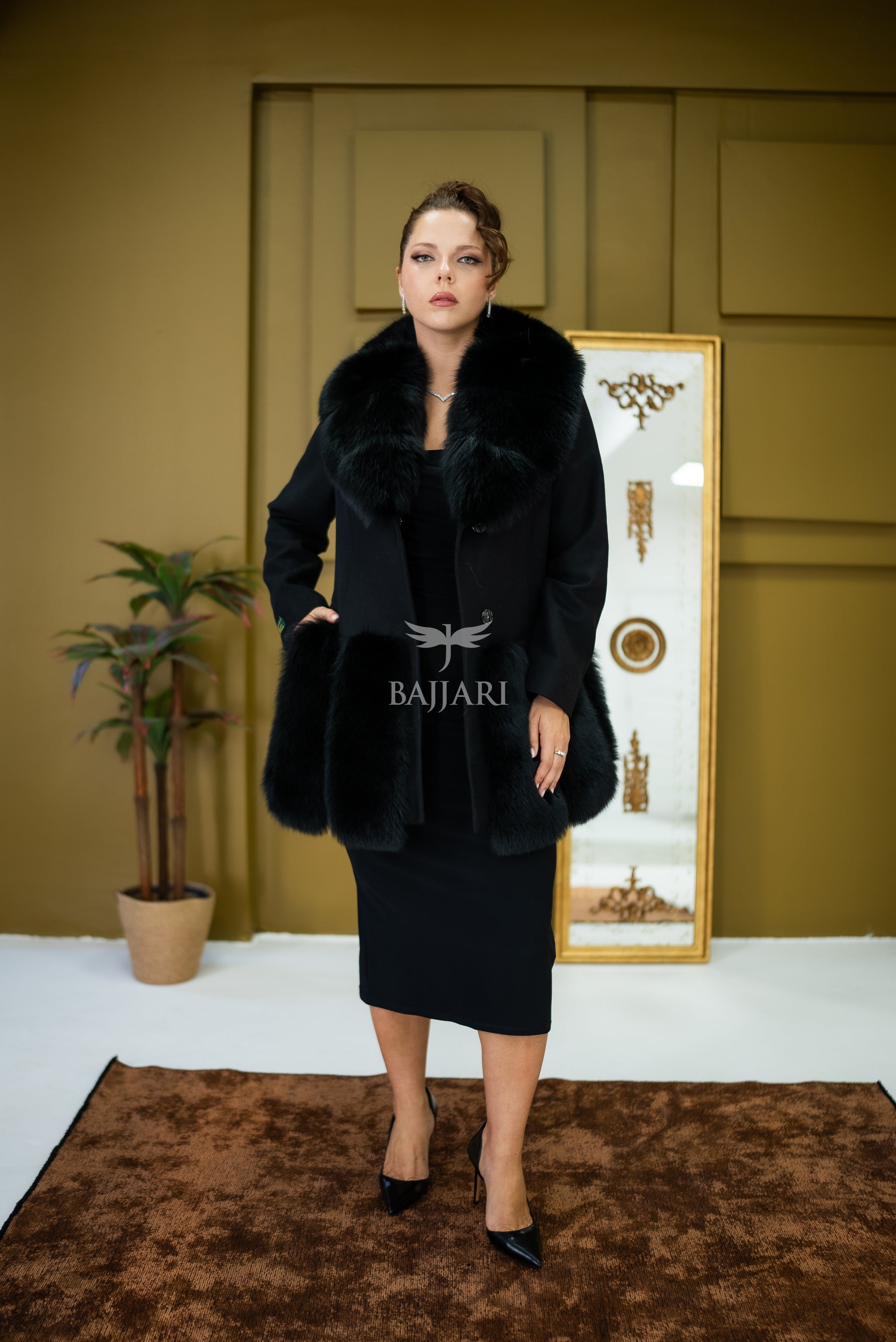Women's Coat Offering the Elegance of Luxurious Alpaca Fabric with Fox Fur Collar and Fox Fur Trim Details on the Hem -1293-