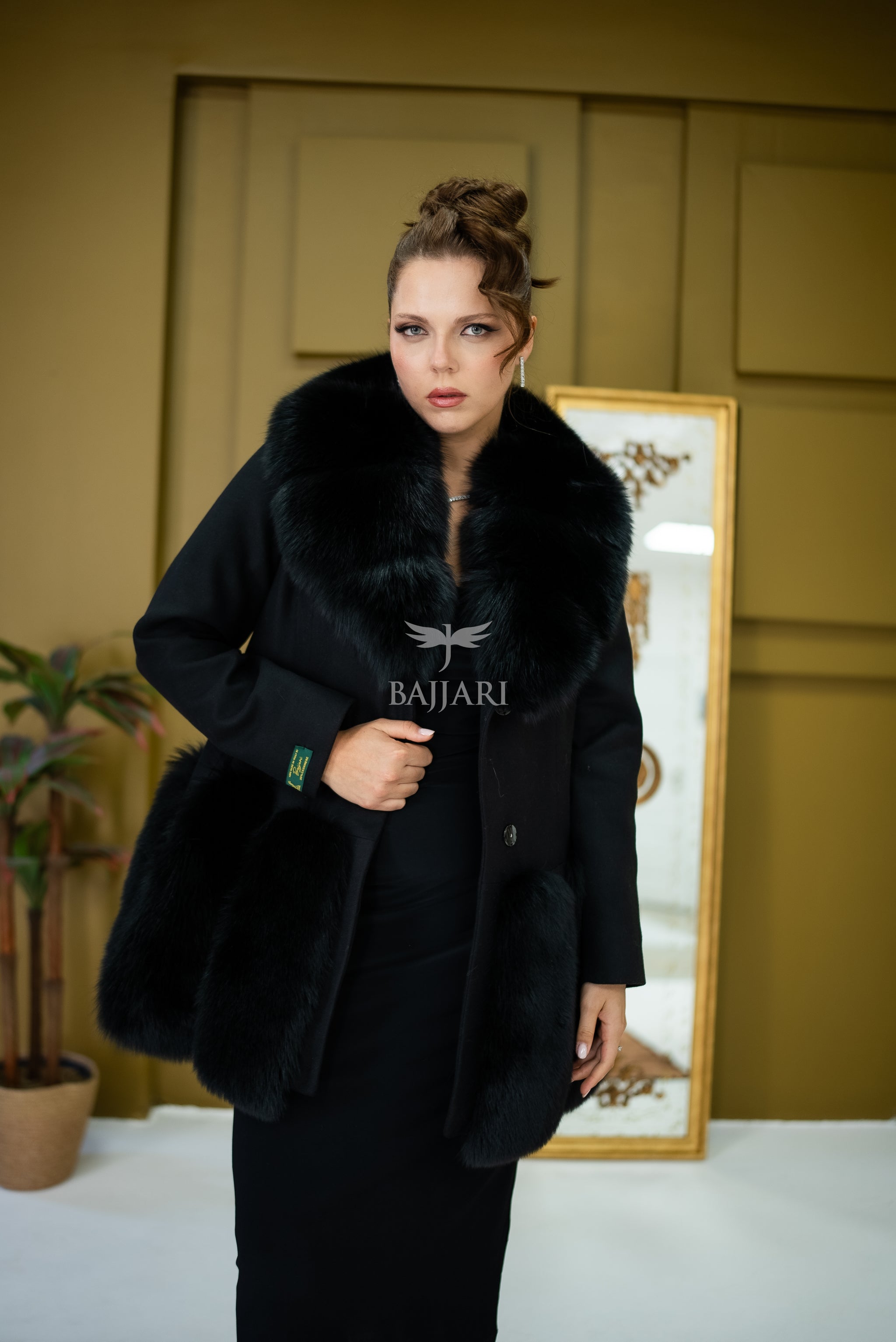 Women's Coat Offering the Elegance of Luxurious Alpaca Fabric with Fox Fur Collar and Fox Fur Trim Details on the Hem -1293-