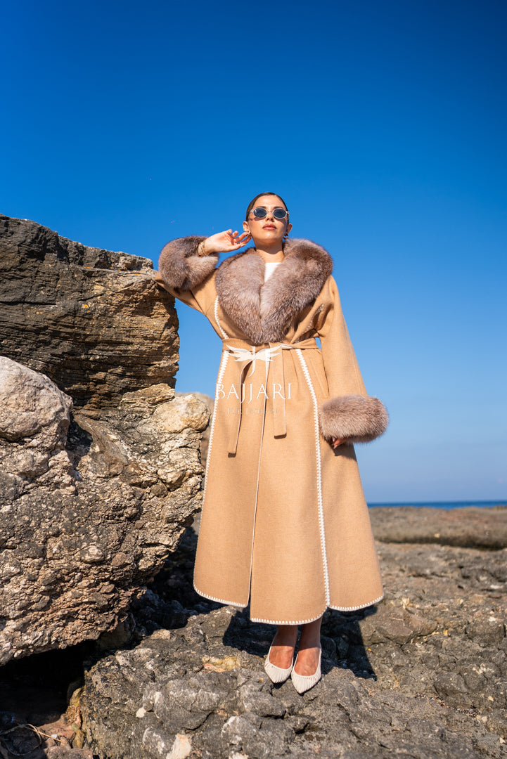 Women’s Coat with Alpaca Wool Fabric and Frost Fox Fur, Featuring Special Embroidery -9481-