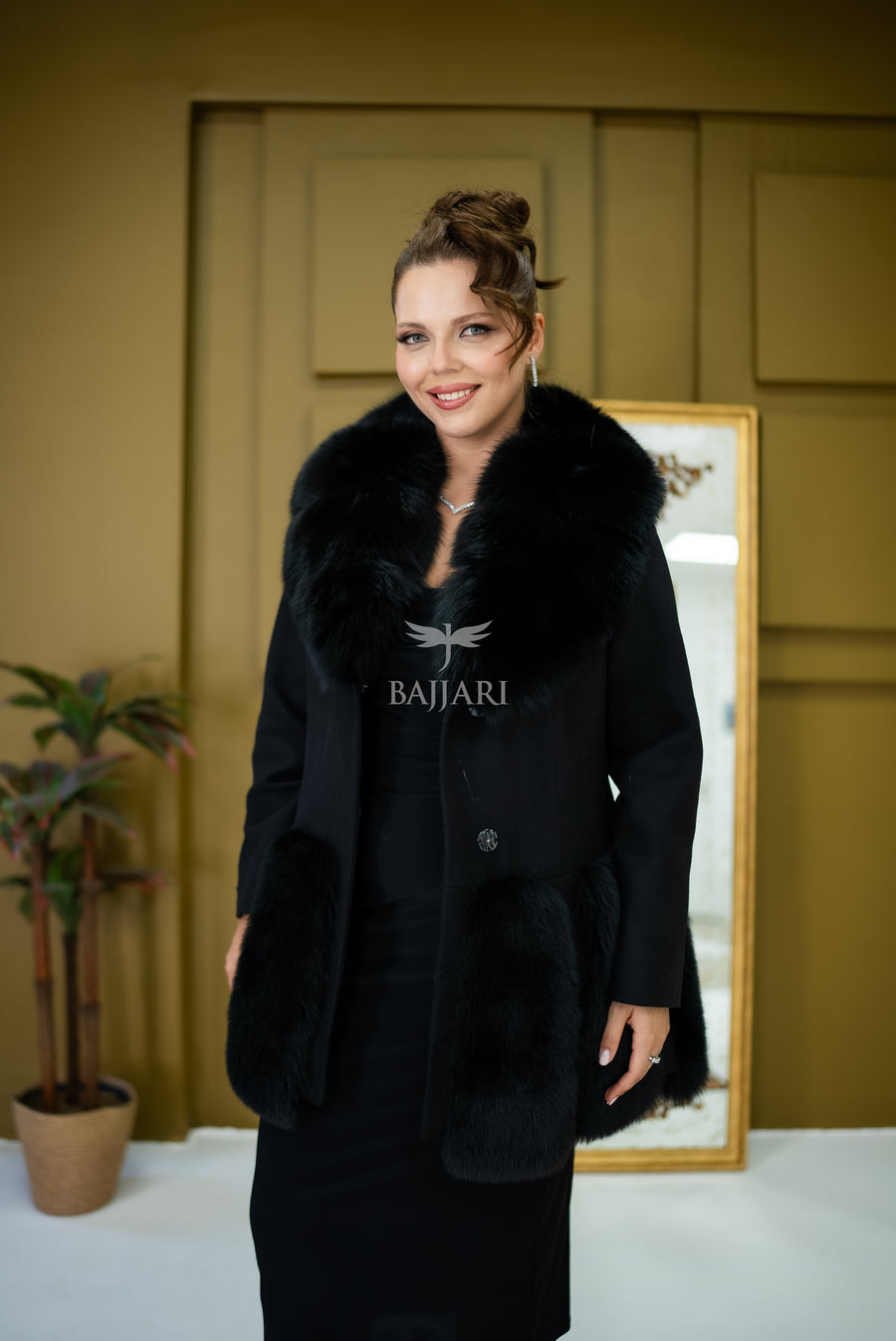 Women's Coat Offering the Elegance of Luxurious Alpaca Fabric with Fox Fur Collar and Fox Fur Trim Details on the Hem -1293-