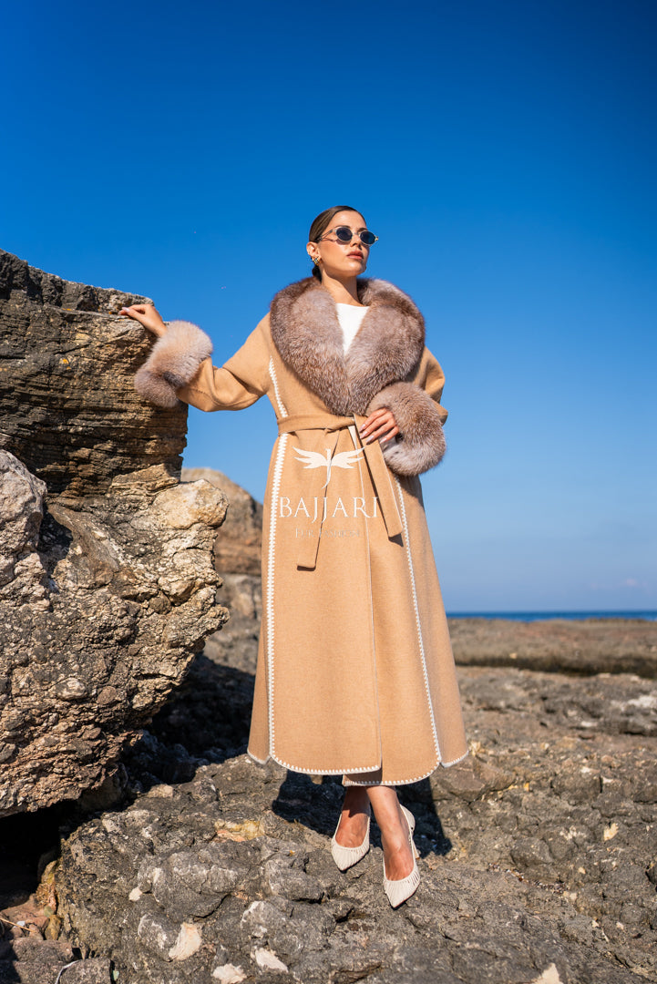 Women’s Coat with Alpaca Wool Fabric and Frost Fox Fur, Featuring Special Embroidery -9481-