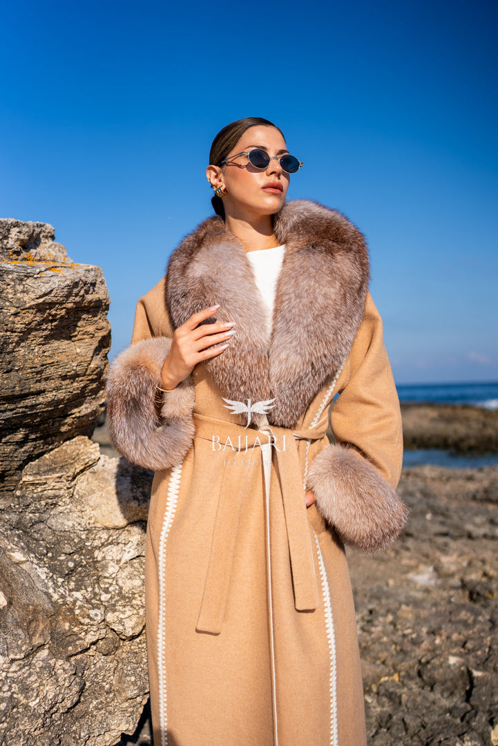 Women’s Coat with Alpaca Wool Fabric and Frost Fox Fur, Featuring Special Embroidery -9481-