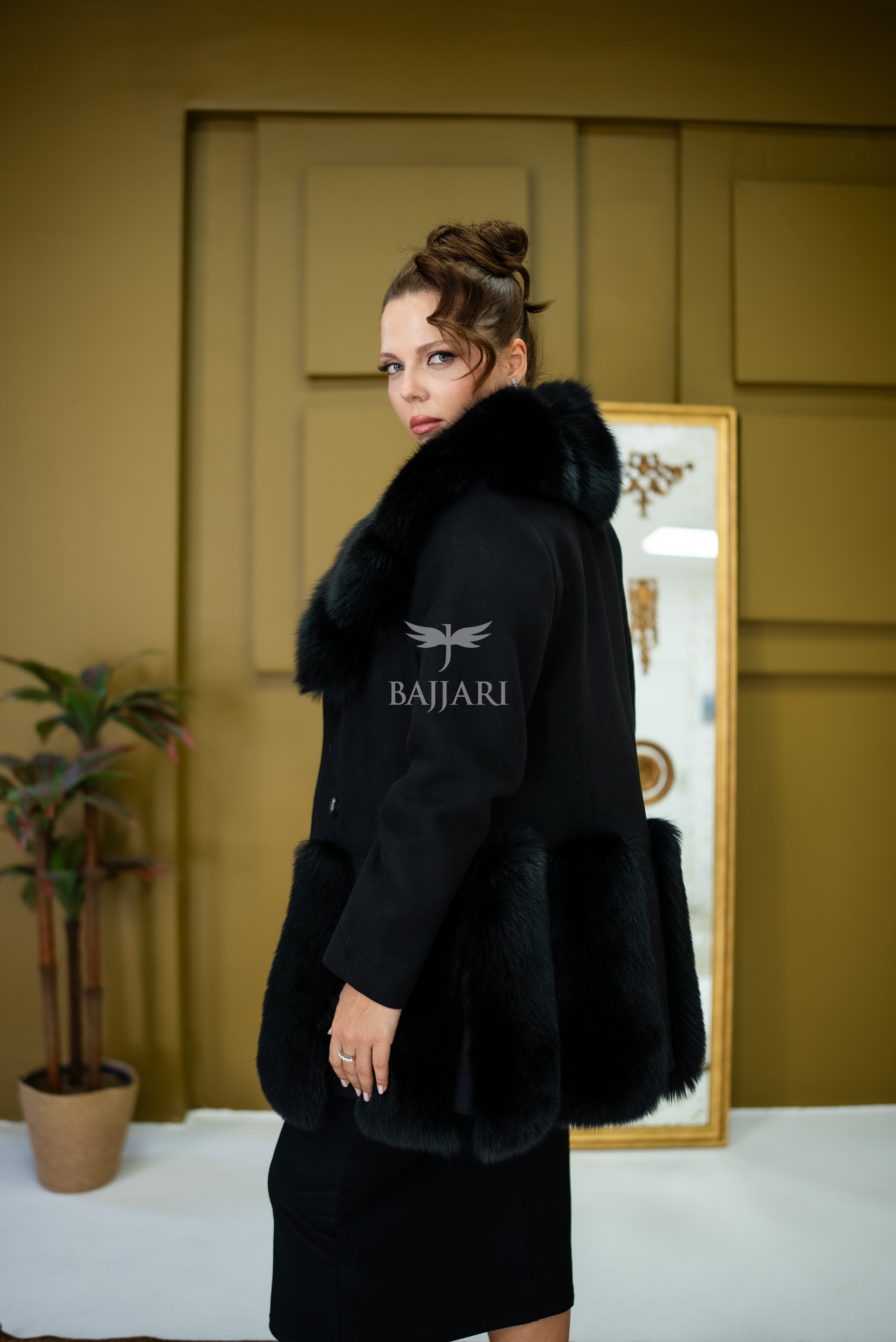 Women's Coat Offering the Elegance of Luxurious Alpaca Fabric with Fox Fur Collar and Fox Fur Trim Details on the Hem -1293-