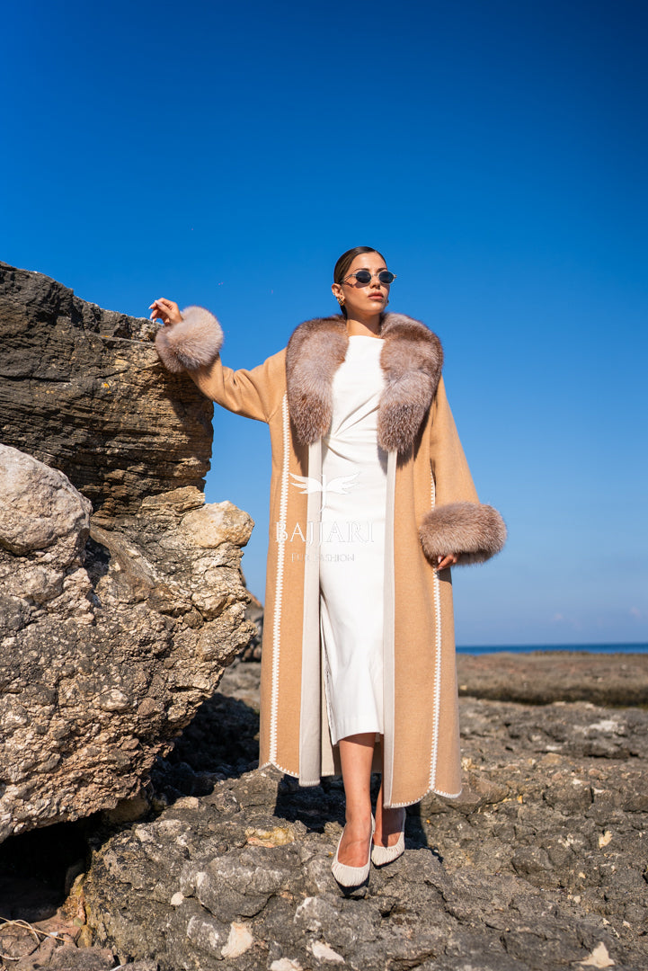 Women’s Coat with Alpaca Wool Fabric and Frost Fox Fur, Featuring Special Embroidery -9481-