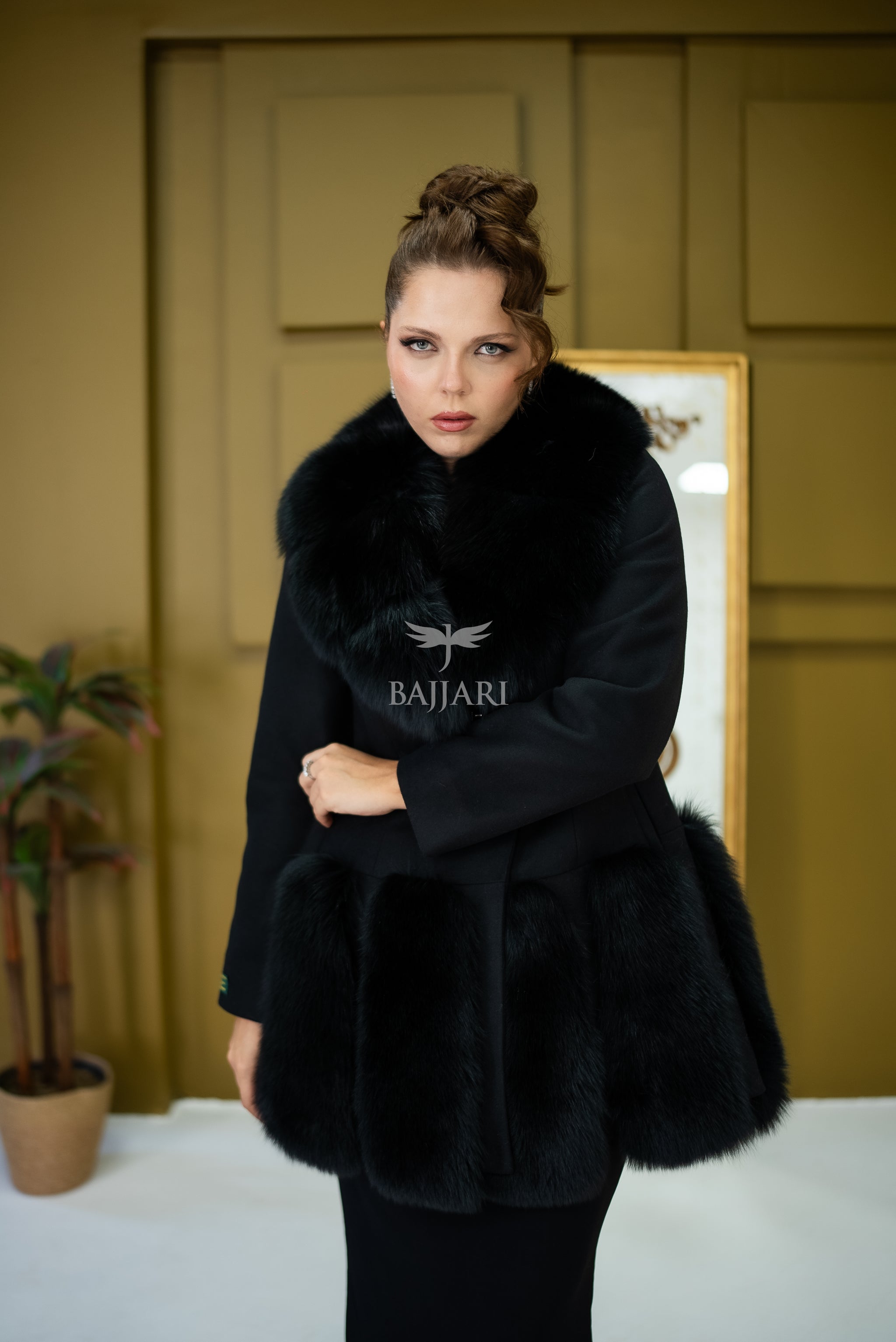 Women's Coat Offering the Elegance of Luxurious Alpaca Fabric with Fox Fur Collar and Fox Fur Trim Details on the Hem -1293-
