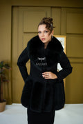 Women's Coat Offering the Elegance of Luxurious Alpaca Fabric with Fox Fur Collar and Fox Fur Trim Details on the Hem -1293-