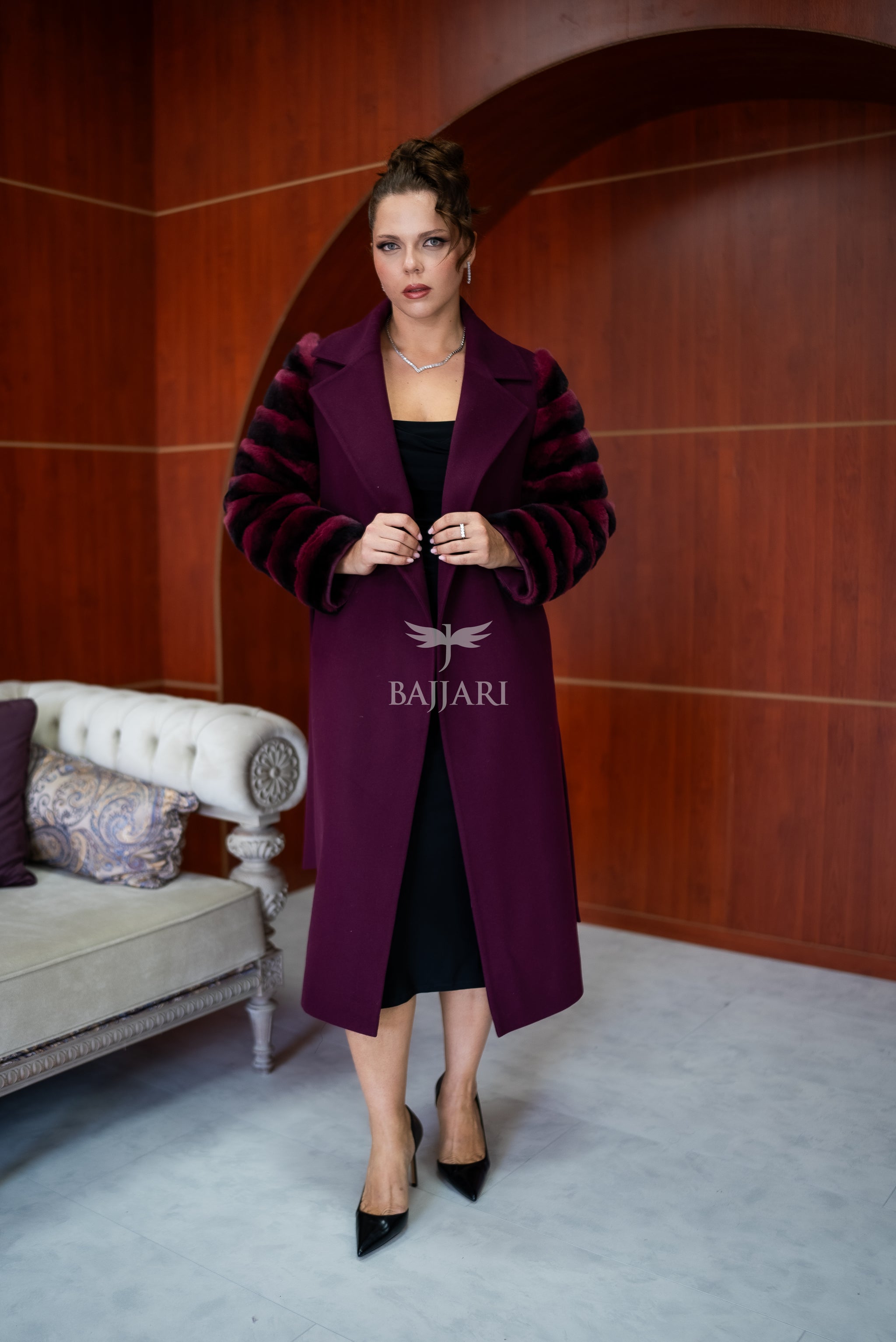 Luxury Alpaca Llama Fabric with Rabbit Fur - Stylish and Elegant Women's Coat with Real Rabbit Fur Trim on the Sleeves -1326-
