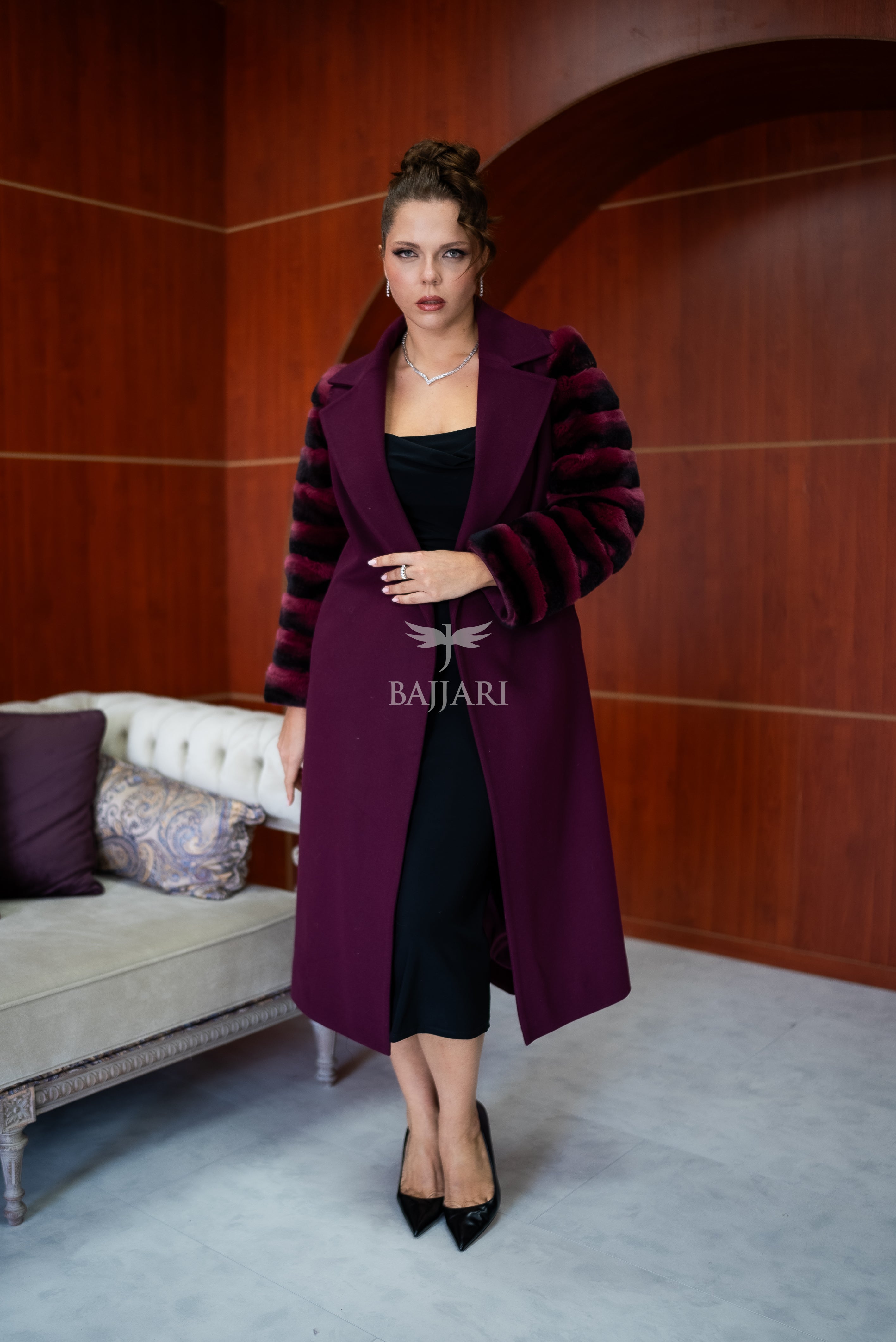 Luxury Alpaca Llama Fabric with Rabbit Fur - Stylish and Elegant Women's Coat with Real Rabbit Fur Trim on the Sleeves -1326-