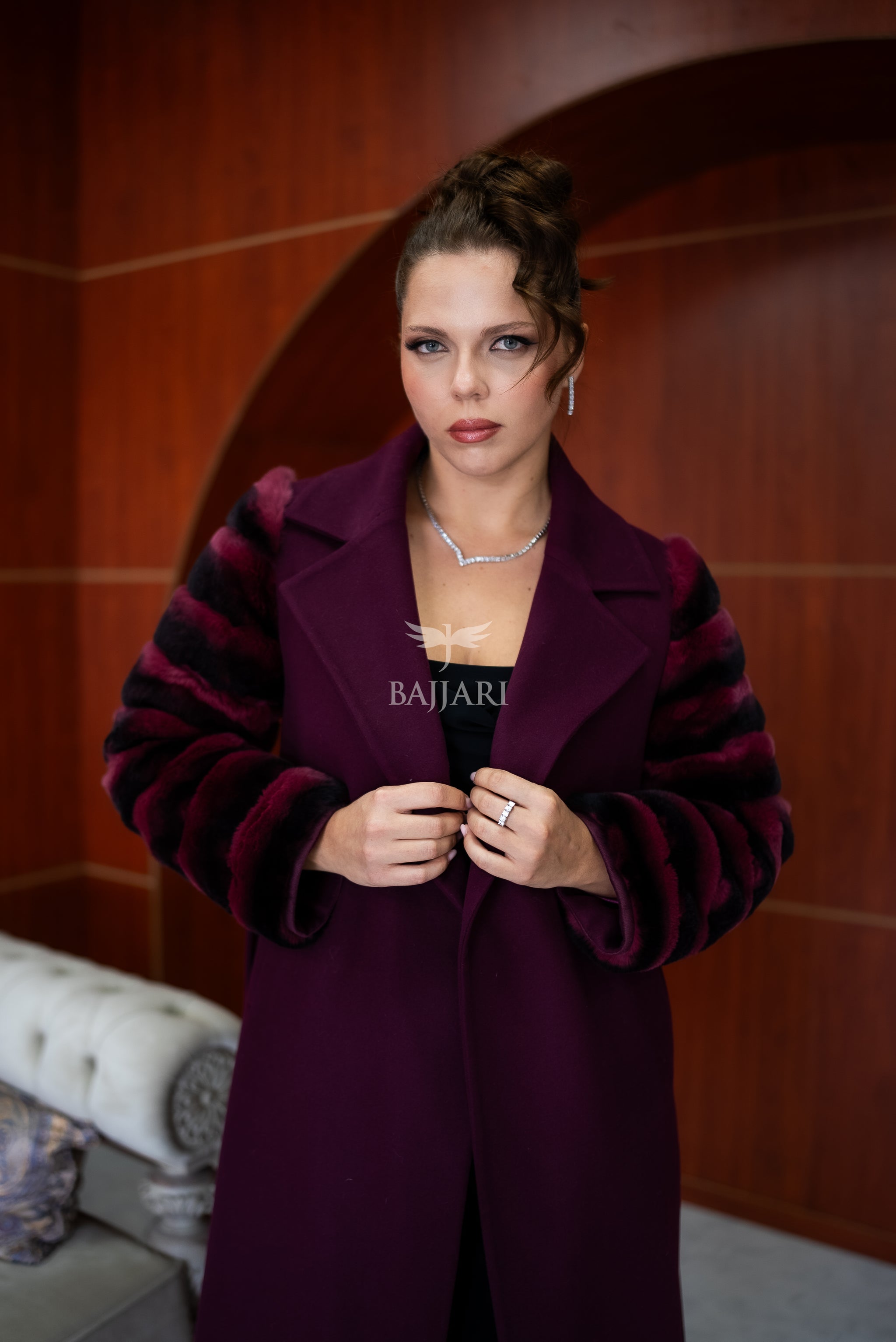 Luxury Alpaca Llama Fabric with Rabbit Fur - Stylish and Elegant Women's Coat with Real Rabbit Fur Trim on the Sleeves -1326-