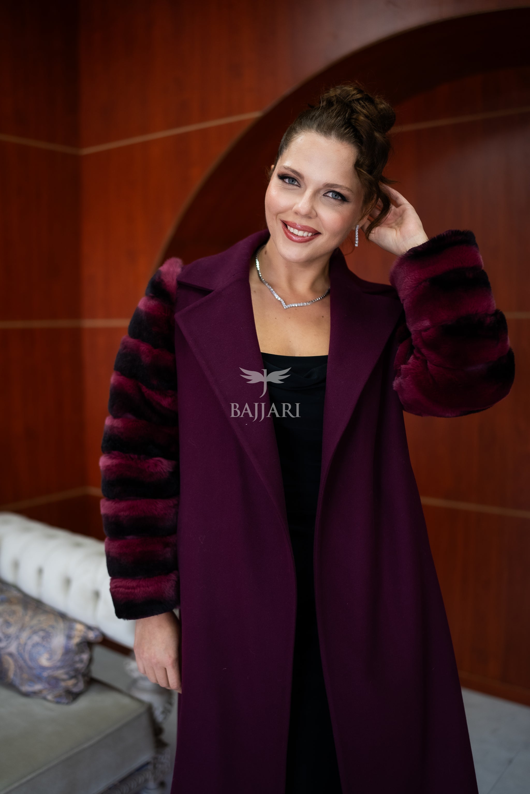 Luxury Alpaca Llama Fabric with Rabbit Fur - Stylish and Elegant Women's Coat with Real Rabbit Fur Trim on the Sleeves -1326-