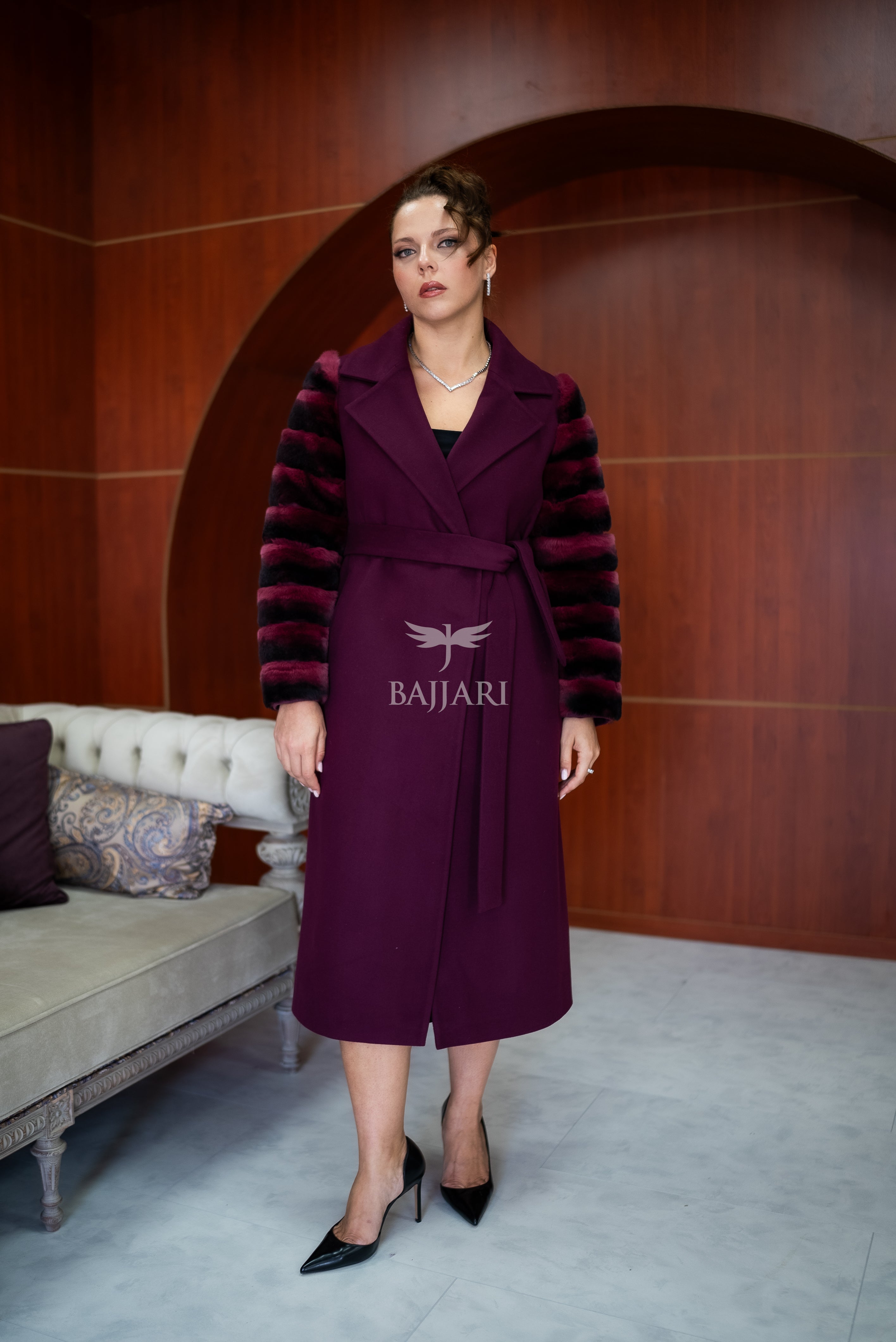 Luxury Alpaca Llama Fabric with Rabbit Fur - Stylish and Elegant Women's Coat with Real Rabbit Fur Trim on the Sleeves -1326-
