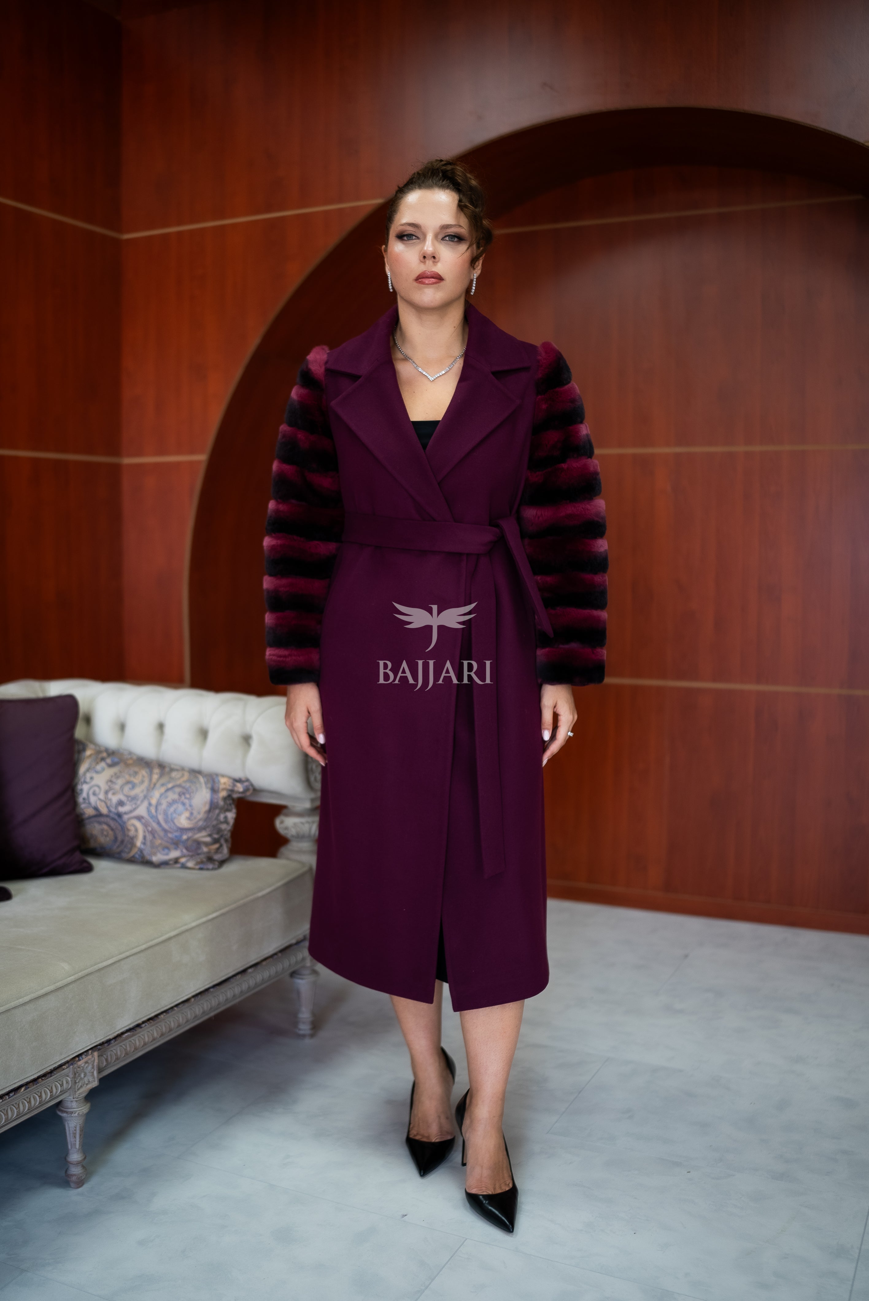 Luxury Alpaca Llama Fabric with Rabbit Fur - Stylish and Elegant Women's Coat with Real Rabbit Fur Trim on the Sleeves -1326-