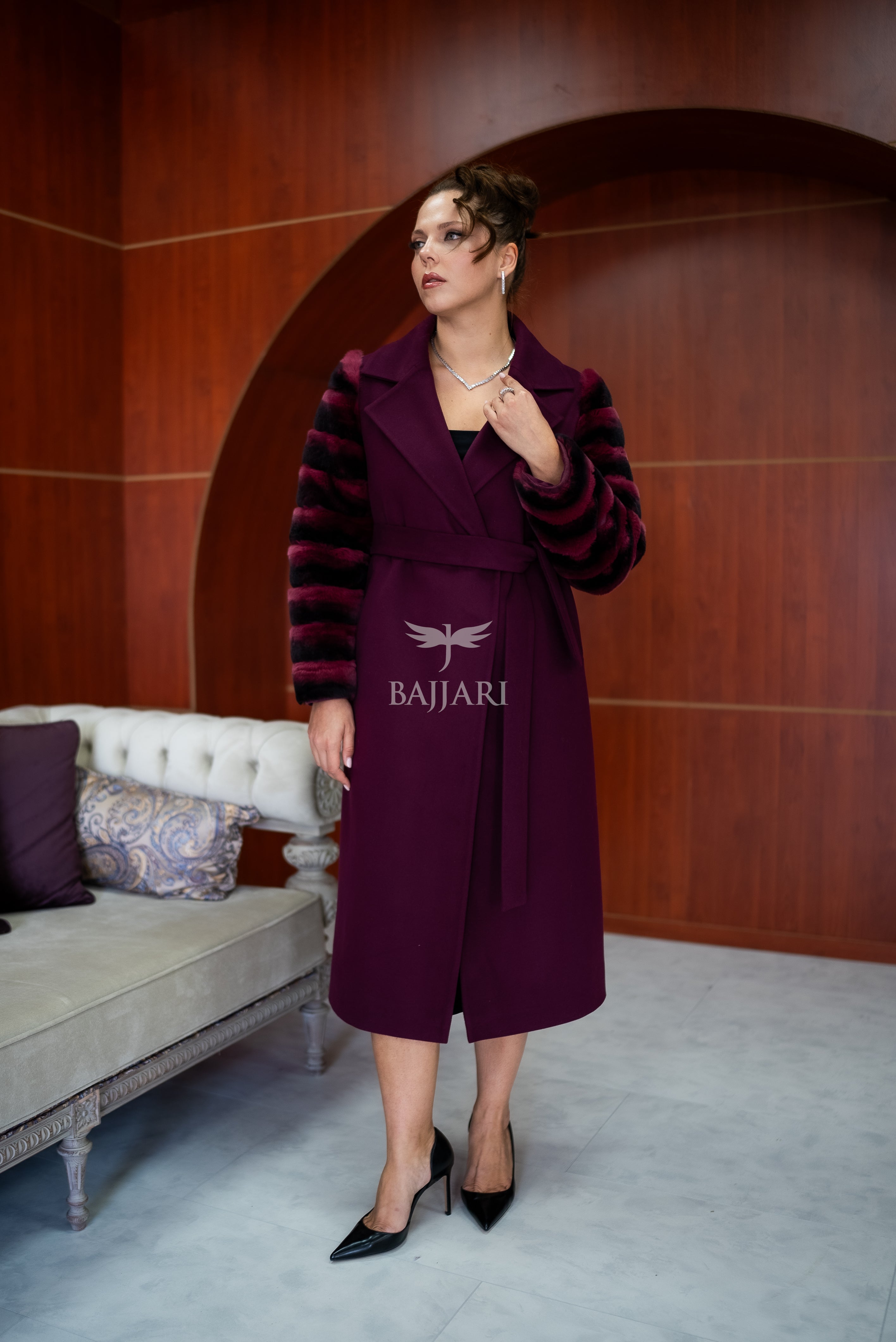 Luxury Alpaca Llama Fabric with Rabbit Fur - Stylish and Elegant Women's Coat with Real Rabbit Fur Trim on the Sleeves -1326-