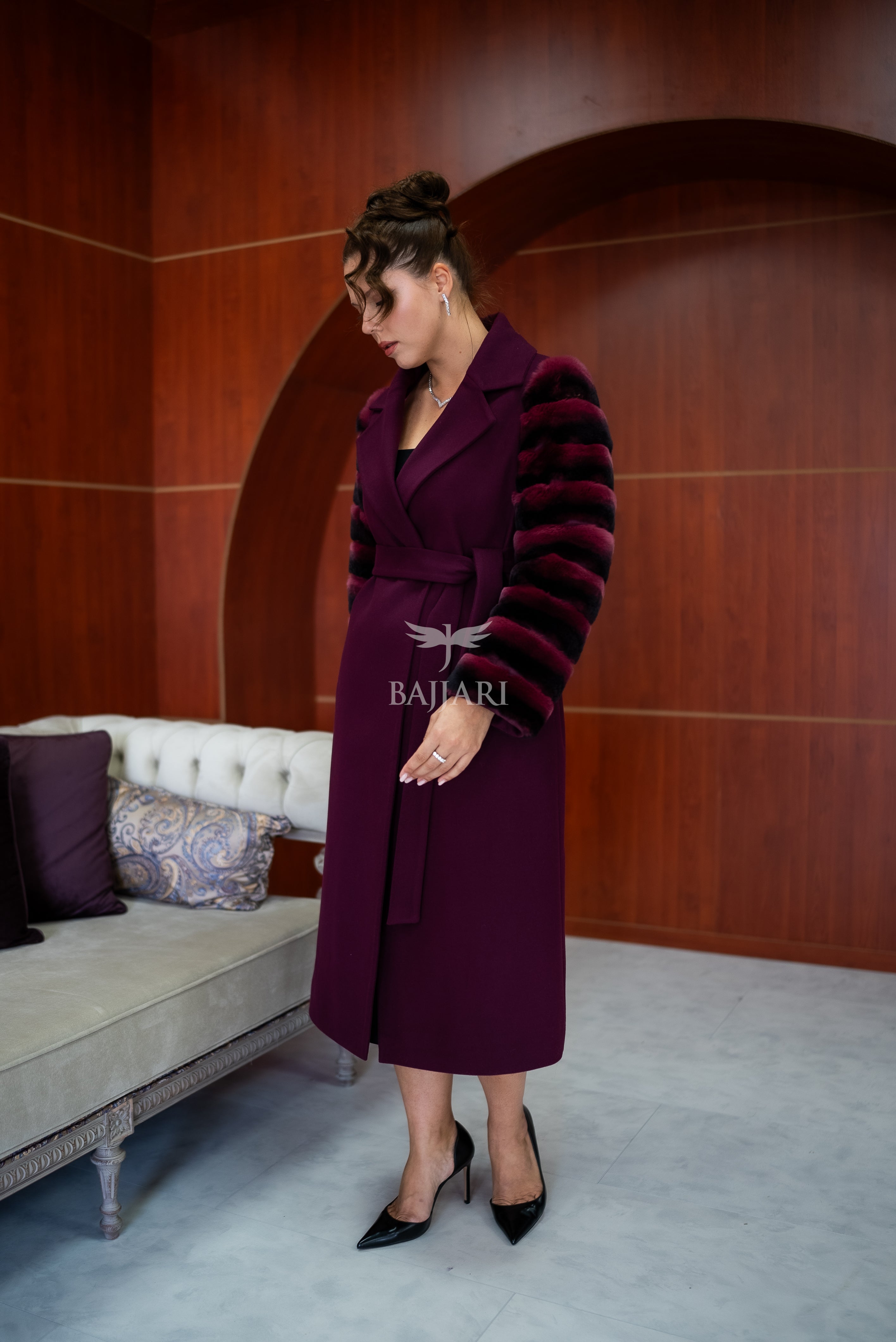 Luxury Alpaca Llama Fabric with Rabbit Fur - Stylish and Elegant Women's Coat with Real Rabbit Fur Trim on the Sleeves -1326-